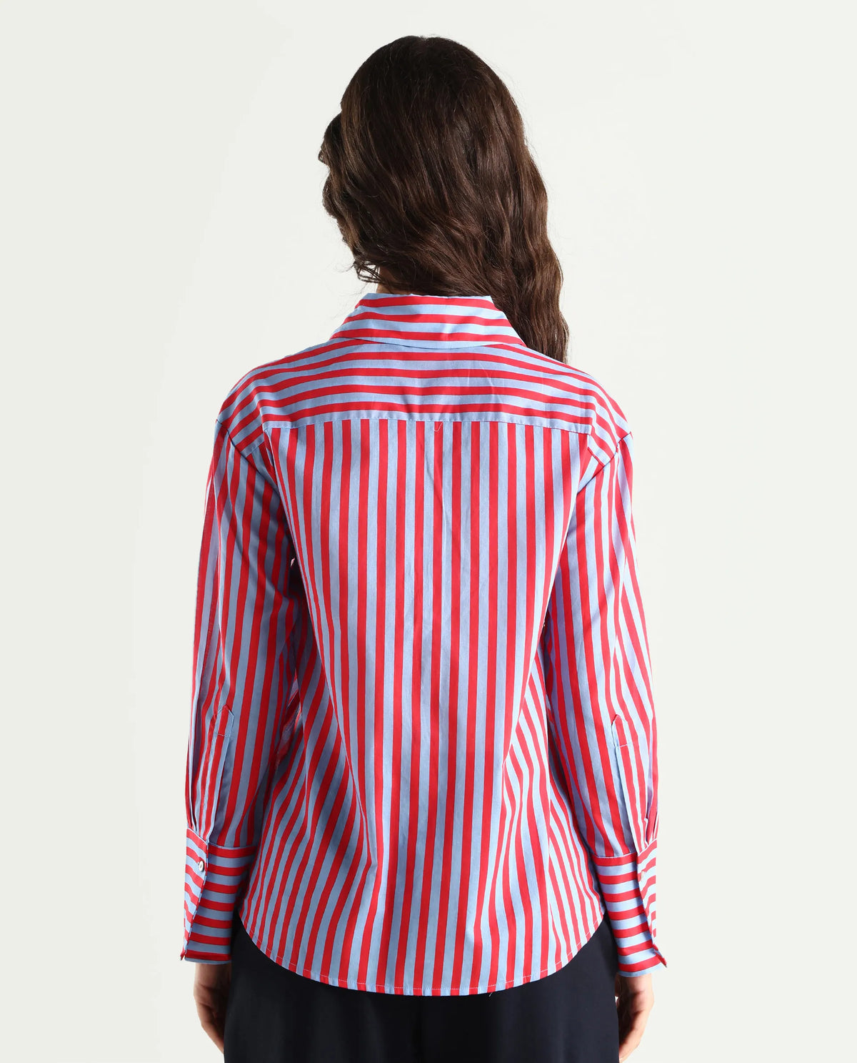 Rareism Women's Masha Blue Drop Collar Striped Cuffed Sleeve Regular Fit Top