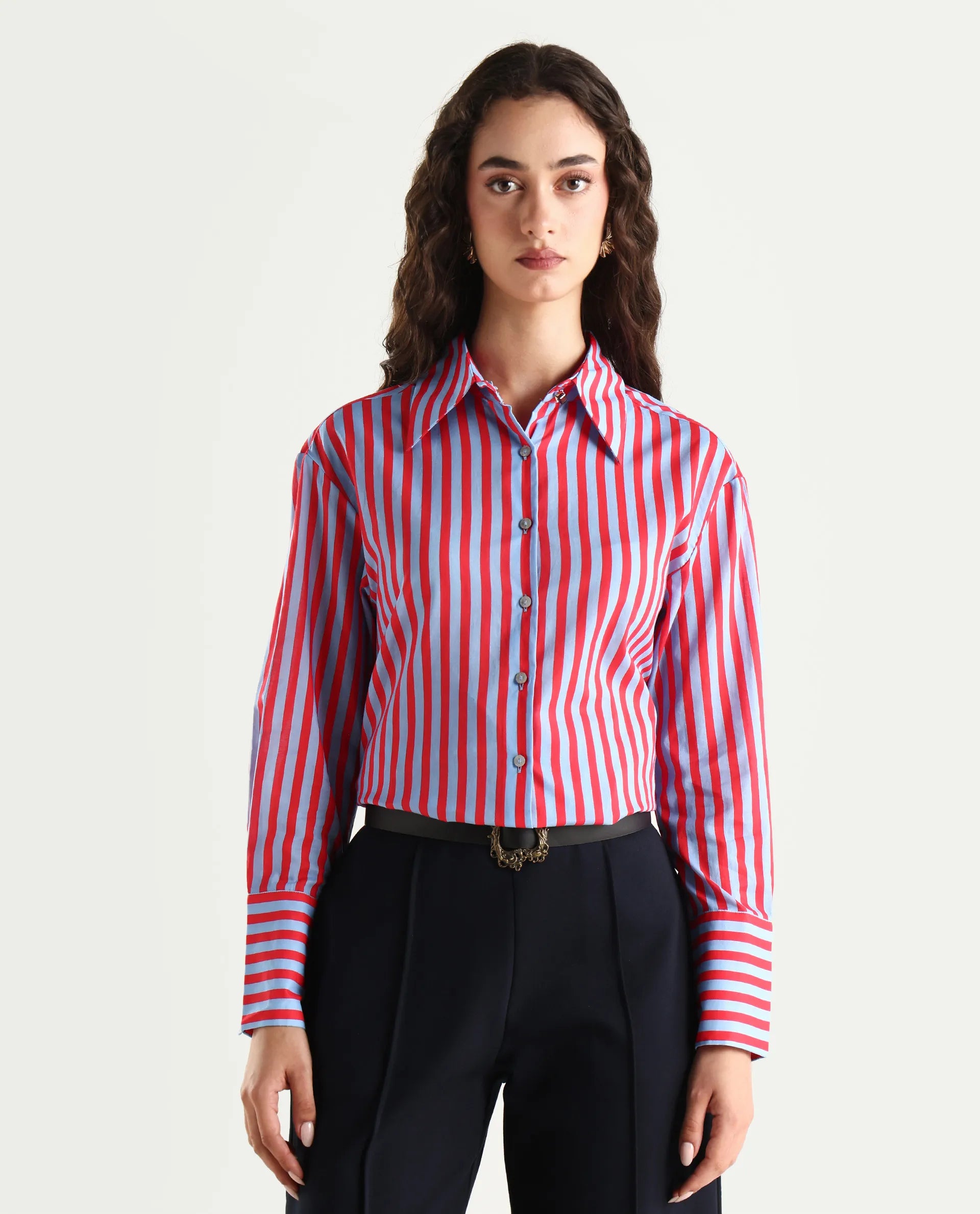 Rareism Women's Masha Blue Drop Collar Striped Cuffed Sleeve Regular Fit Top