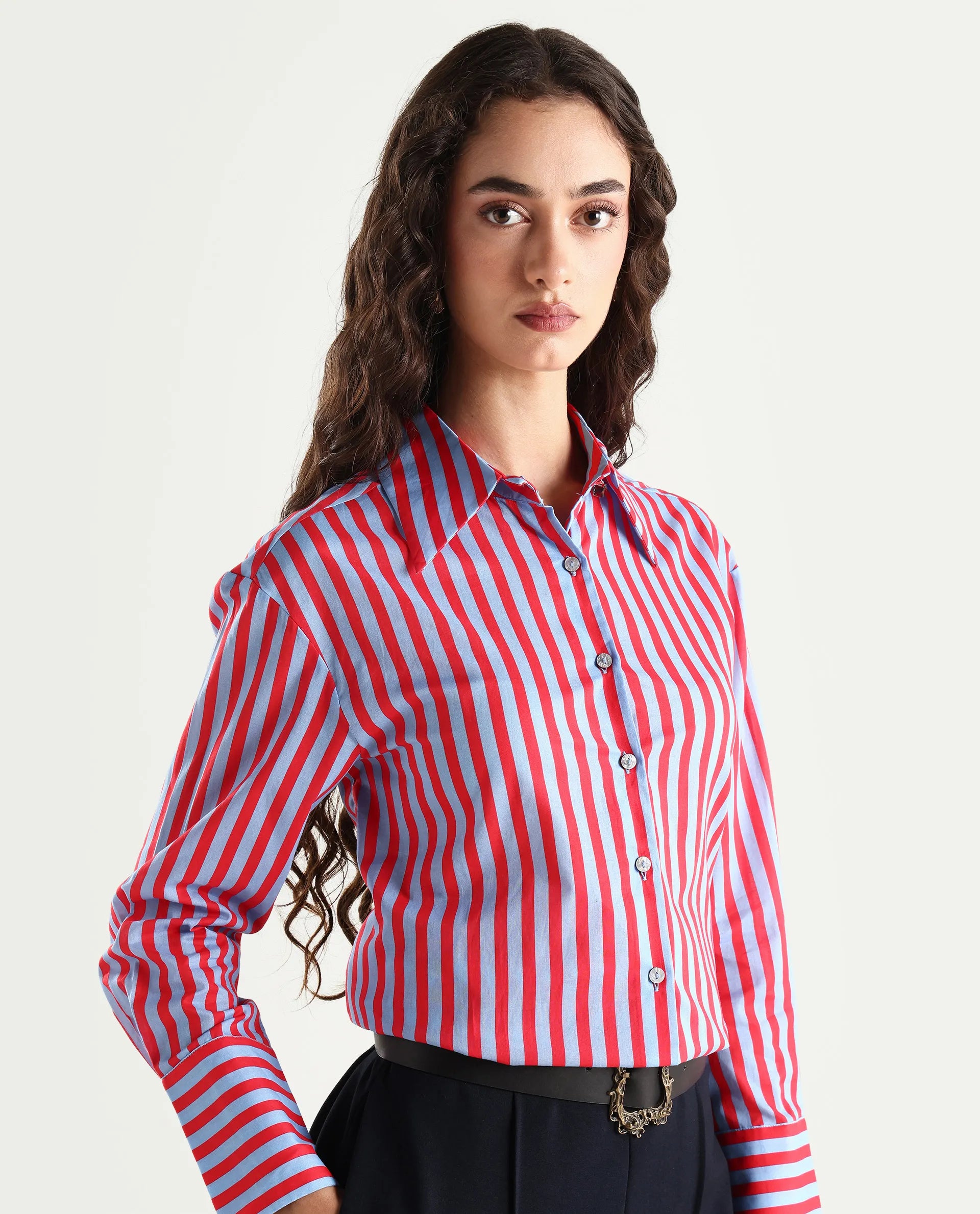 Rareism Women's Masha Blue Drop Collar Striped Cuffed Sleeve Regular Fit Top