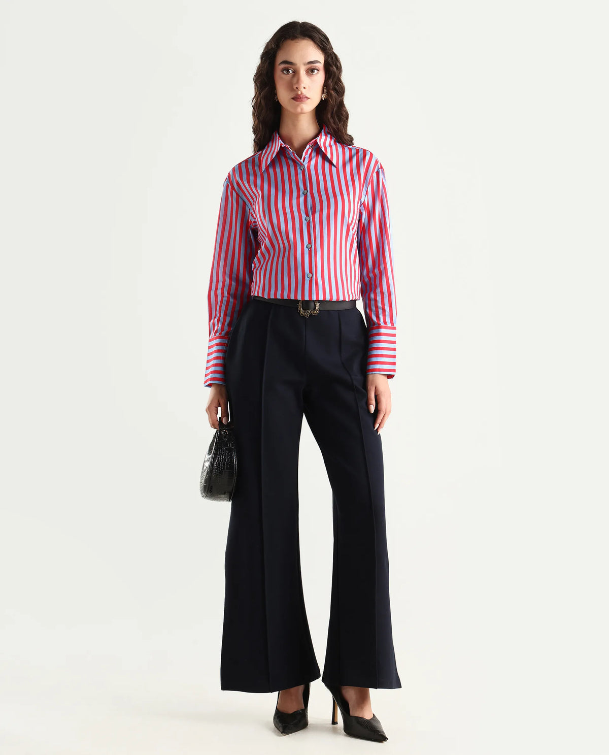 Rareism Women's Masha Blue Drop Collar Striped Cuffed Sleeve Regular Fit Top