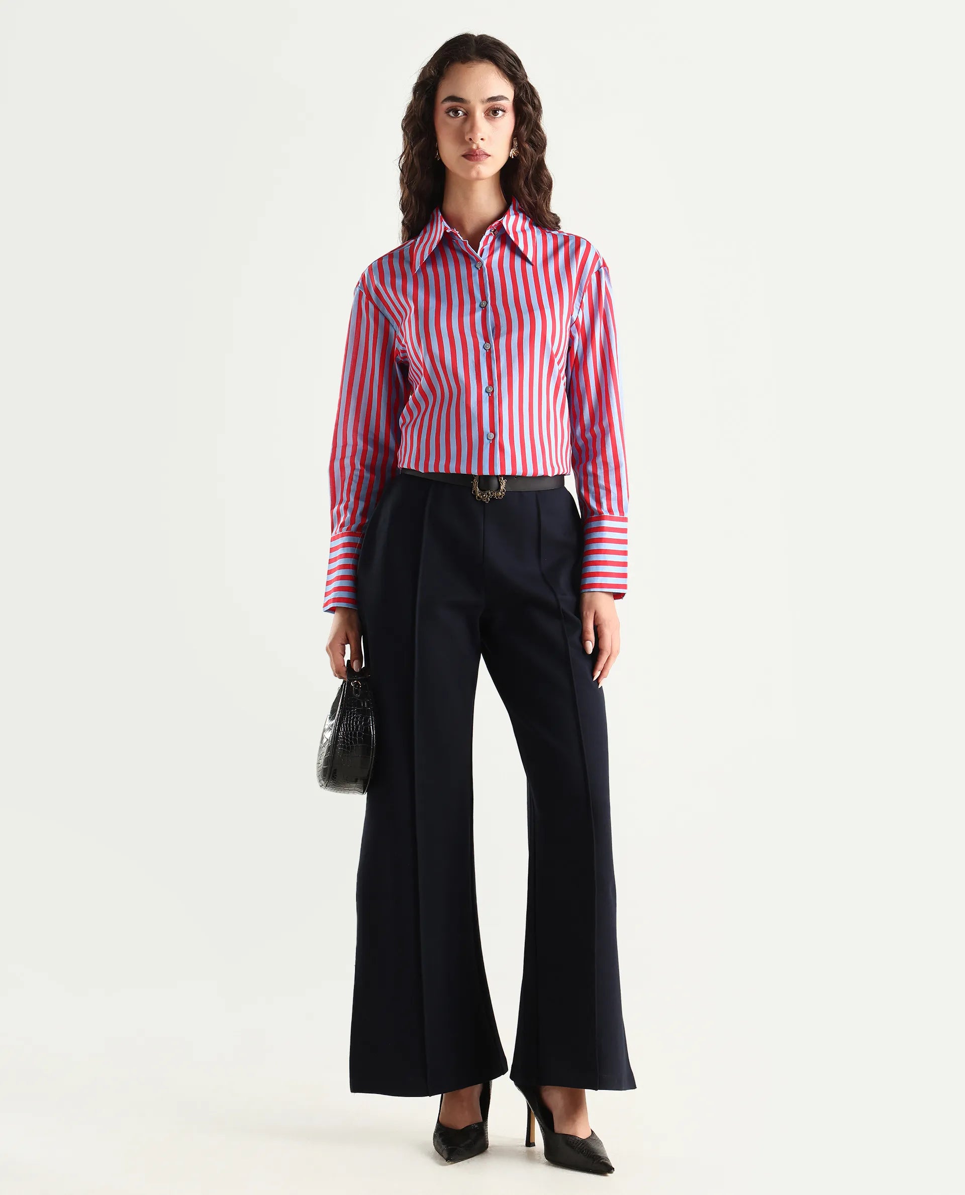 Rareism Women's Masha Blue Drop Collar Striped Cuffed Sleeve Regular Fit Top