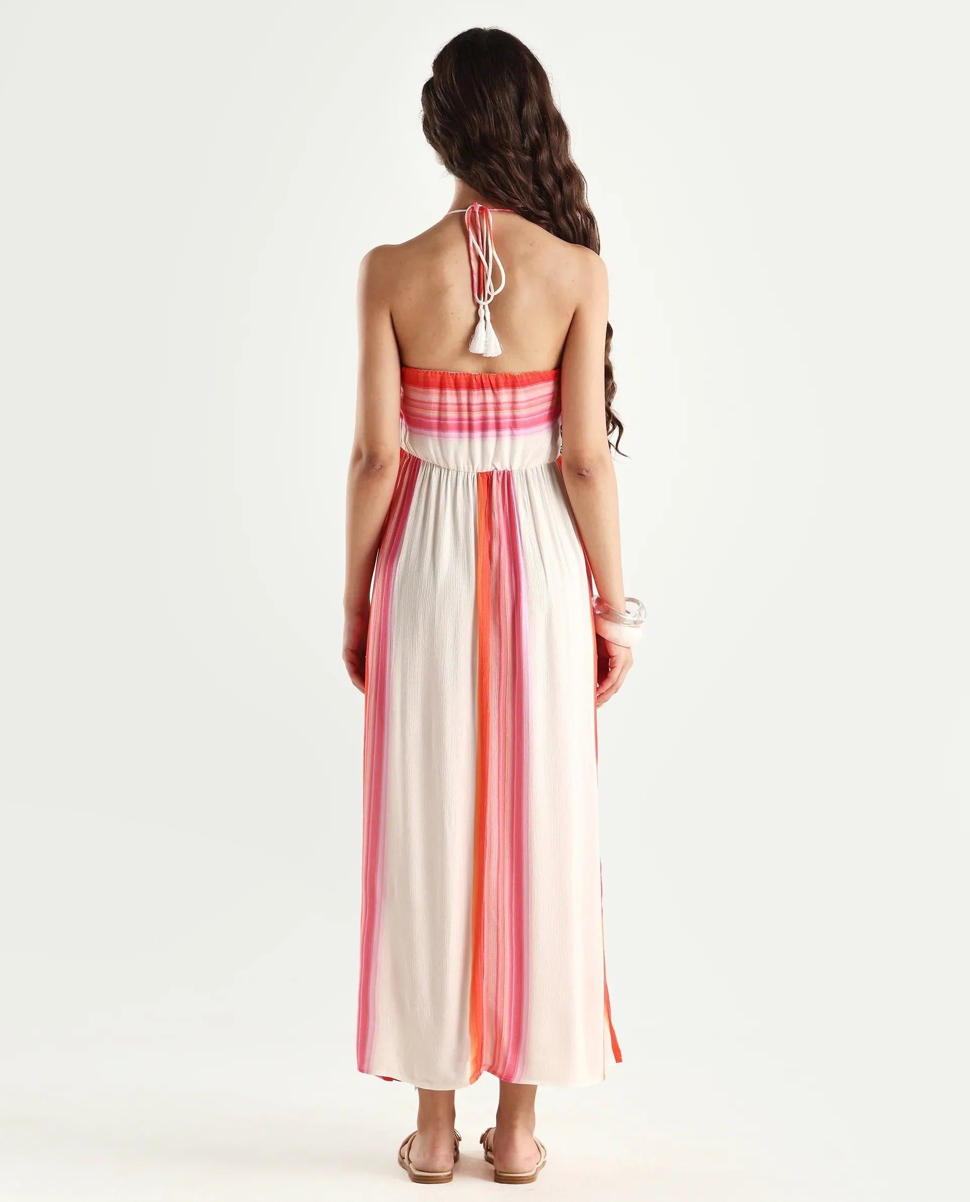 Rareism Women's Muse Multi Viscose Halter Neck Striped Sleeveless Maxi Fit And Flare Dress
