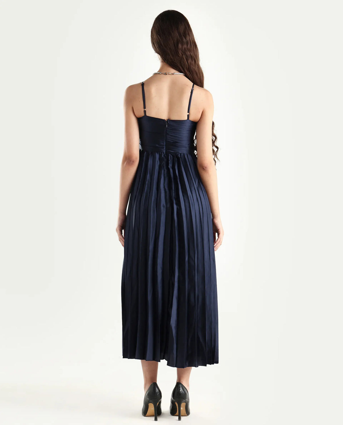 Rareism Women's Montreal Metallic Navy Shoulder Strap Plain Shoulder Strap Midi Fit And Flare Dress