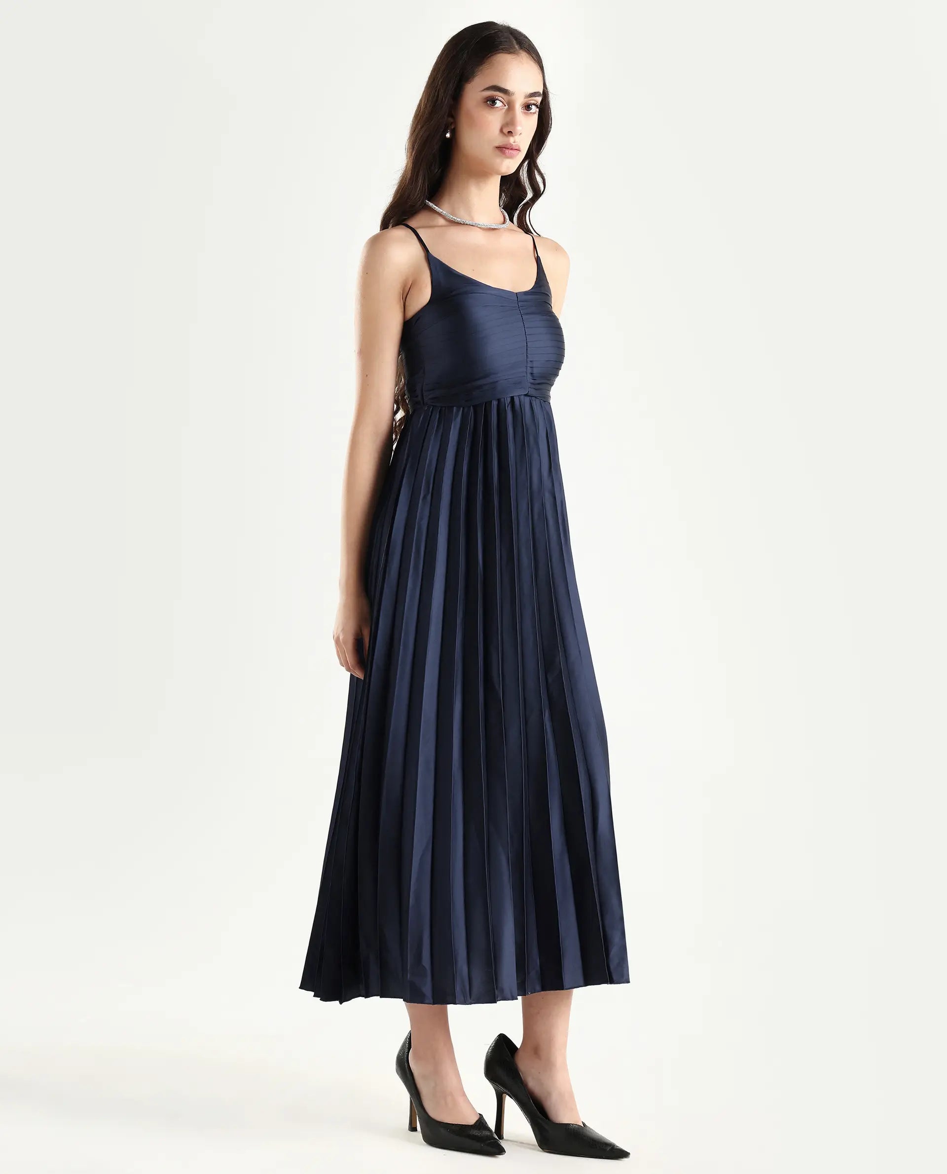 Rareism Women's Montreal Metallic Navy Shoulder Strap Plain Shoulder Strap Midi Fit And Flare Dress