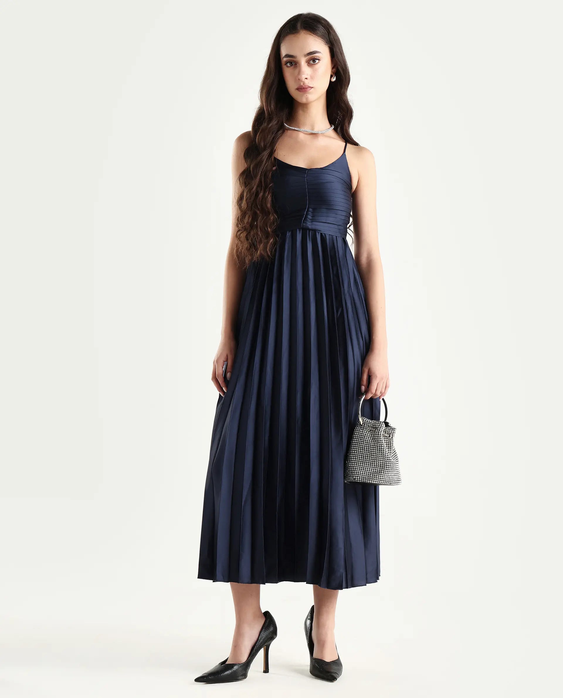 Rareism Women's Montreal Metallic Navy Shoulder Strap Plain Shoulder Strap Midi Fit And Flare Dress