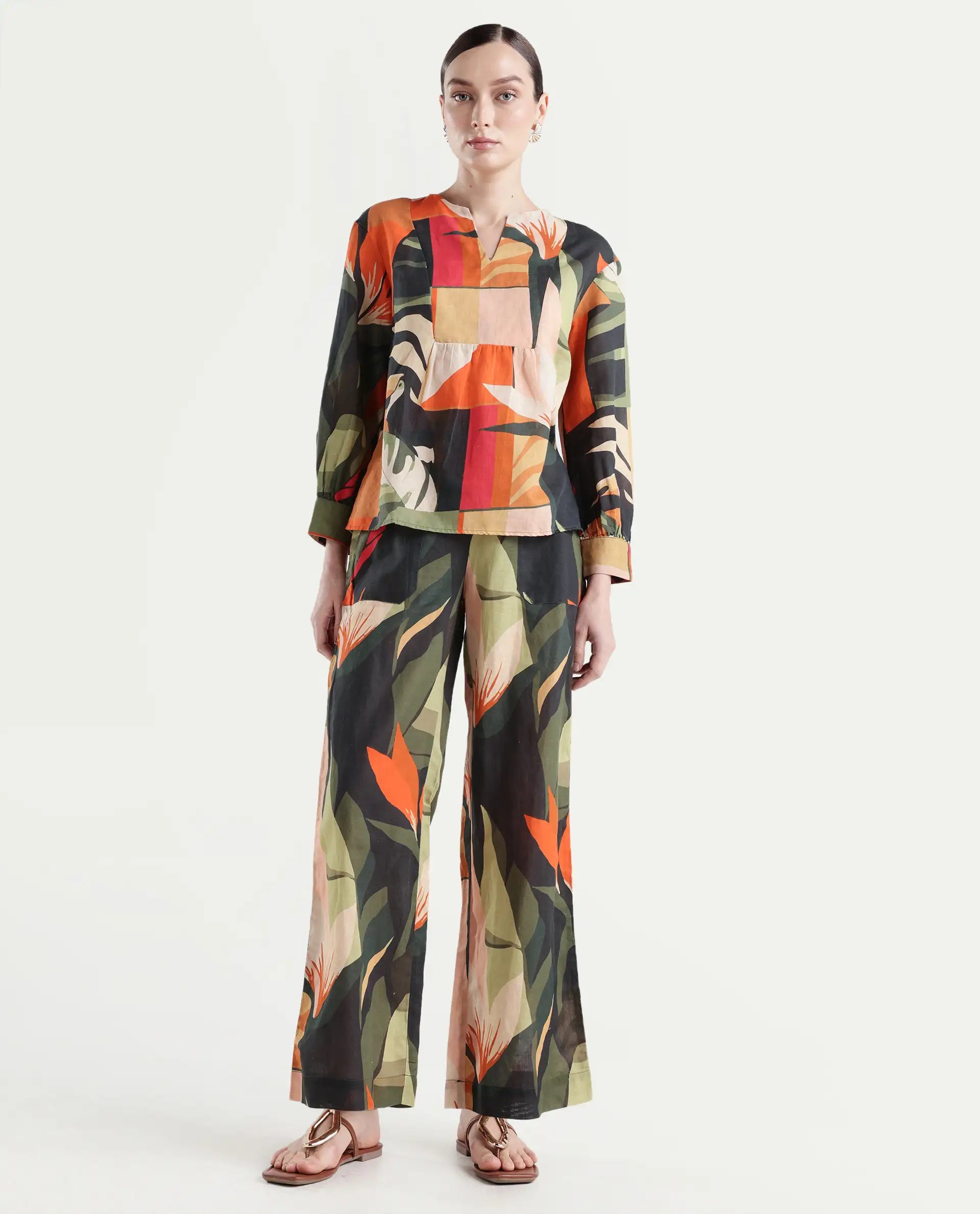 Rareism Women's Agenia-B Pastel Multi Linen Blend Abstract Print Ankle Length Wide Trouser