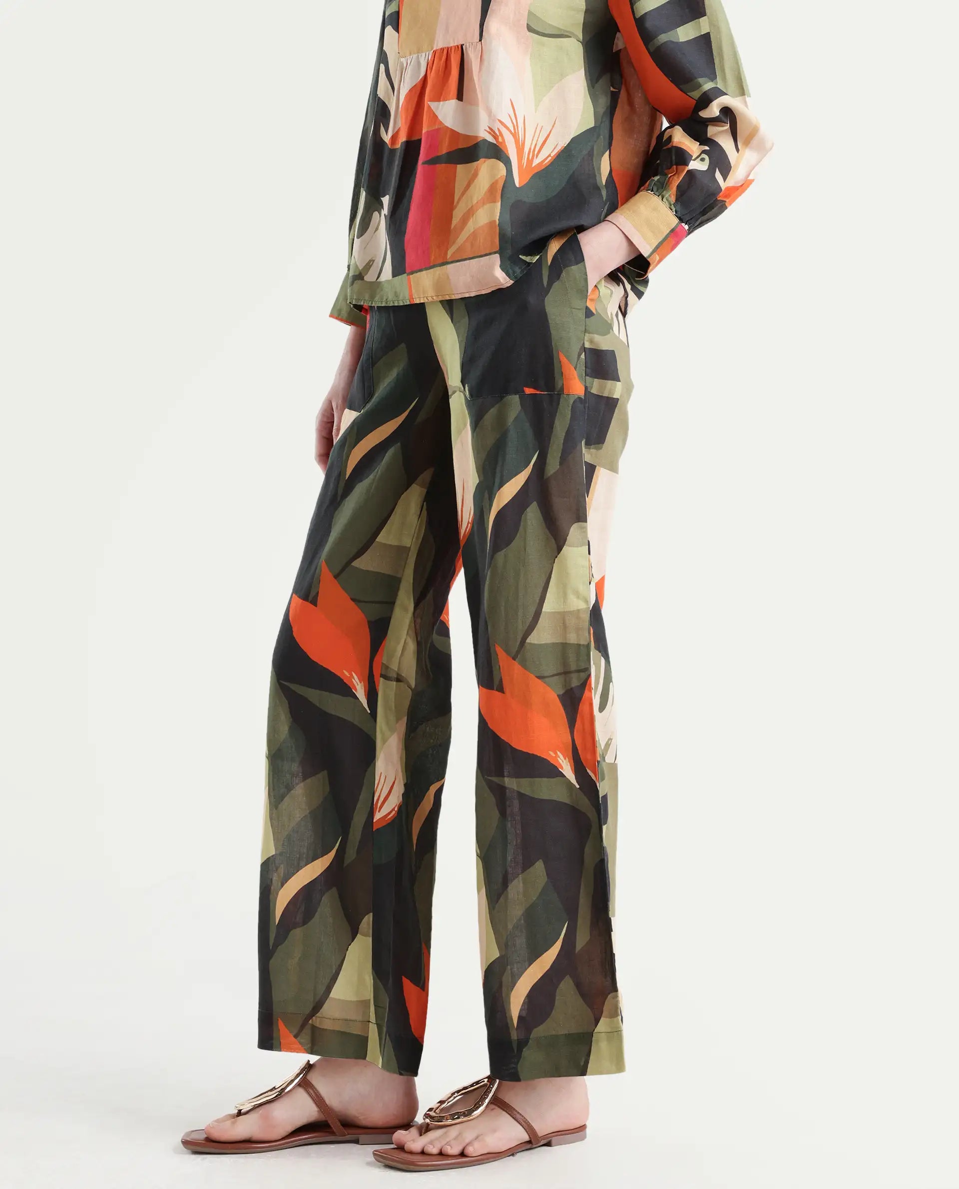 Rareism Women's Agenia-B Pastel Multi Linen Blend Abstract Print Ankle Length Wide Trouser