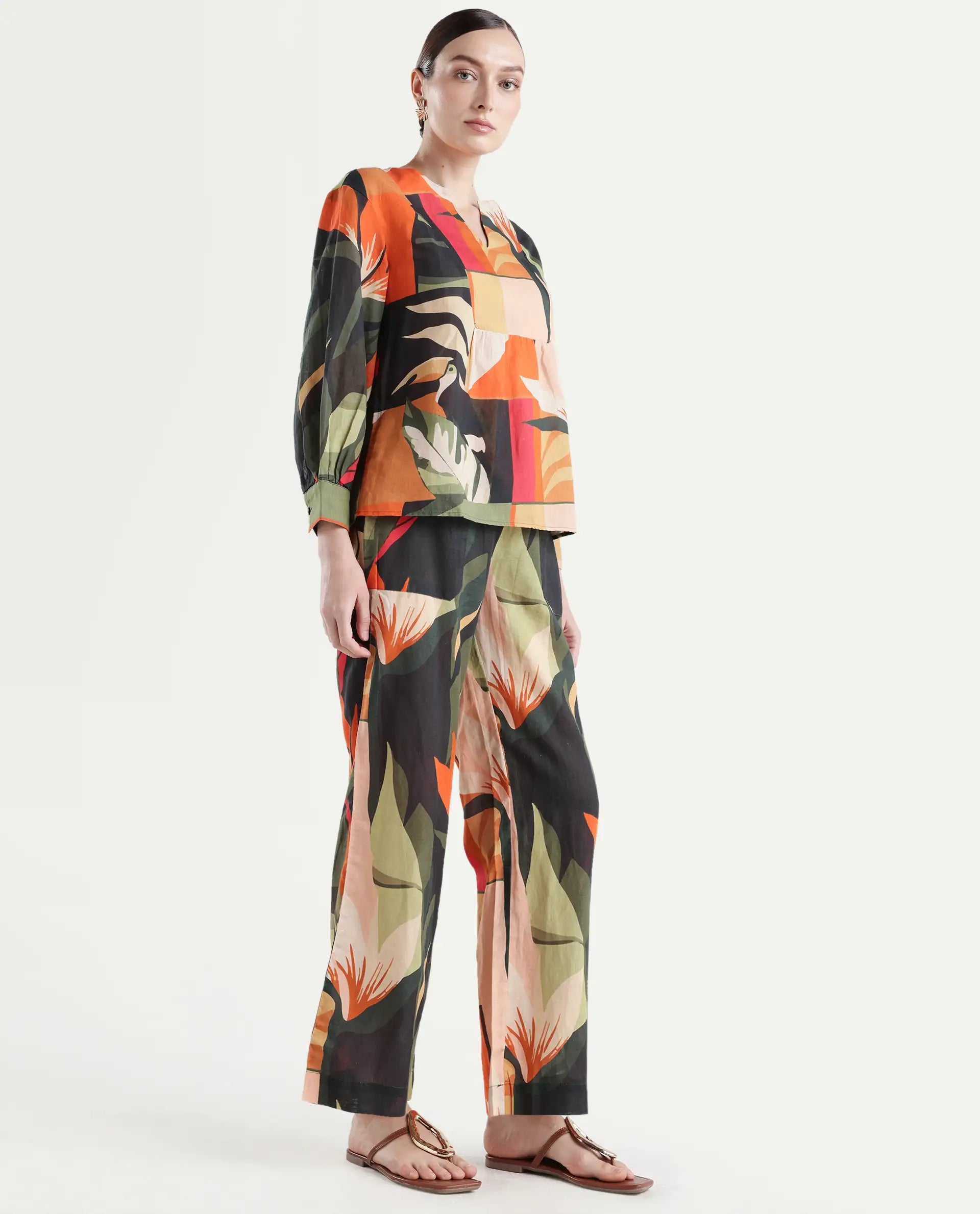 Rareism Women's Agenia-B Pastel Multi Linen Blend Abstract Print Ankle Length Wide Trouser