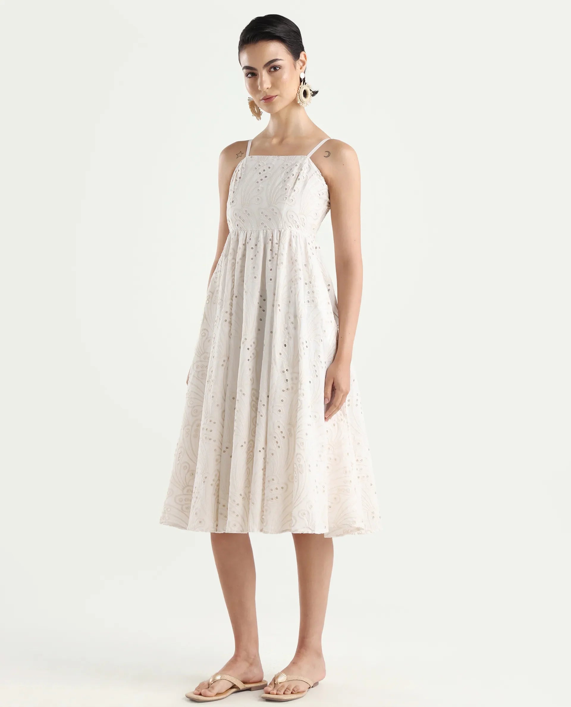 Rareism Women's Calvert White Cotton Shoulder Strap Plain Shoulder Strap Midi Fit And Flare Dress