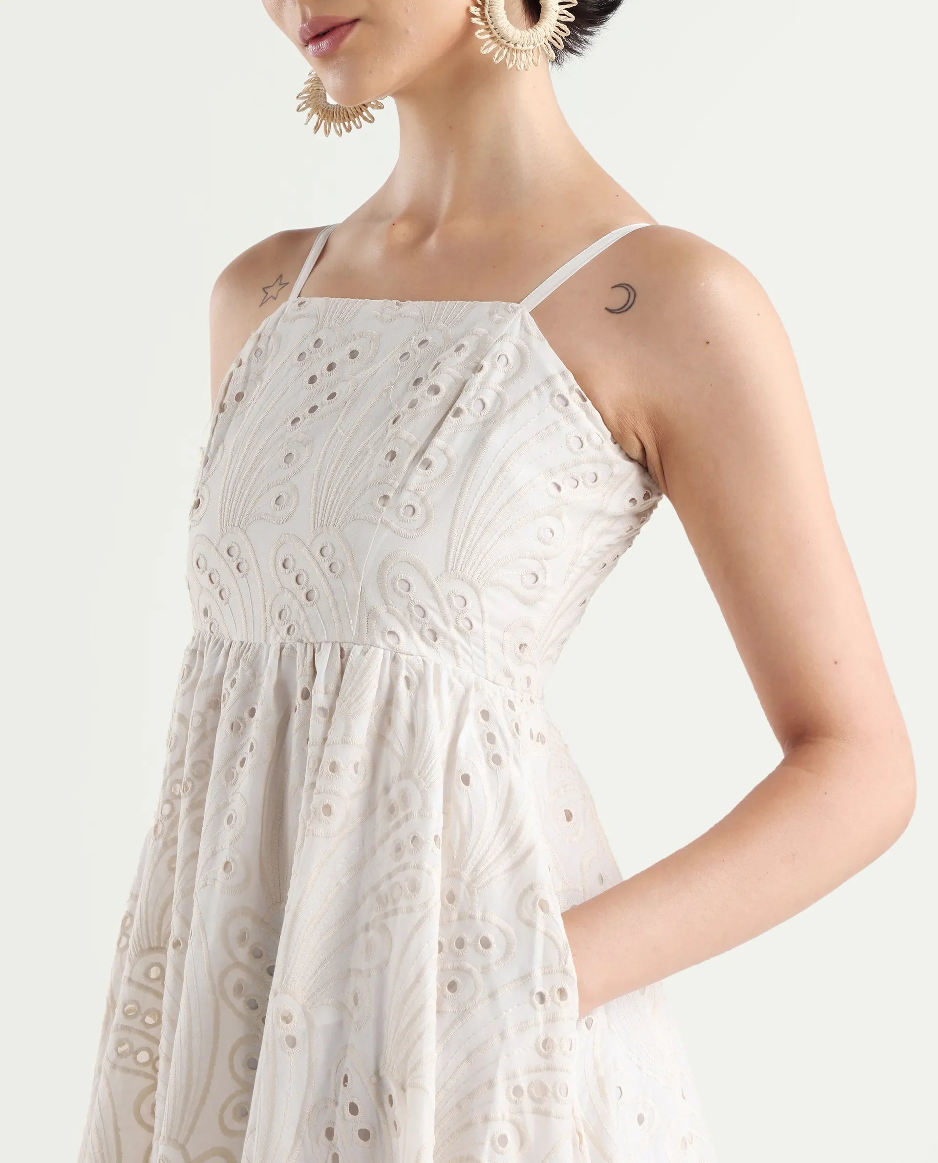 Rareism Women's Calvert White Cotton Shoulder Strap Plain Shoulder Strap Midi Fit And Flare Dress