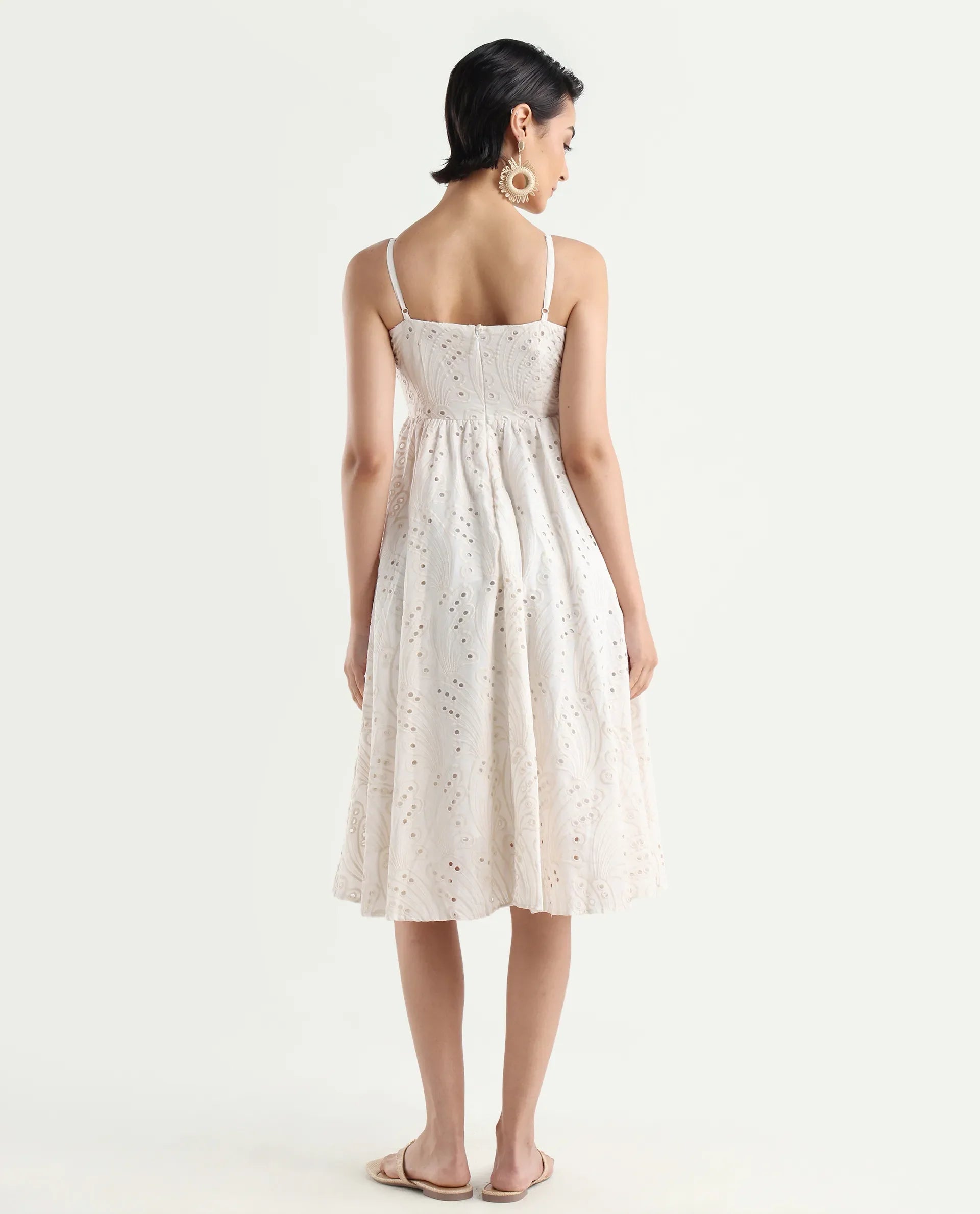 Rareism Women's Calvert White Cotton Shoulder Strap Plain Shoulder Strap Midi Fit And Flare Dress