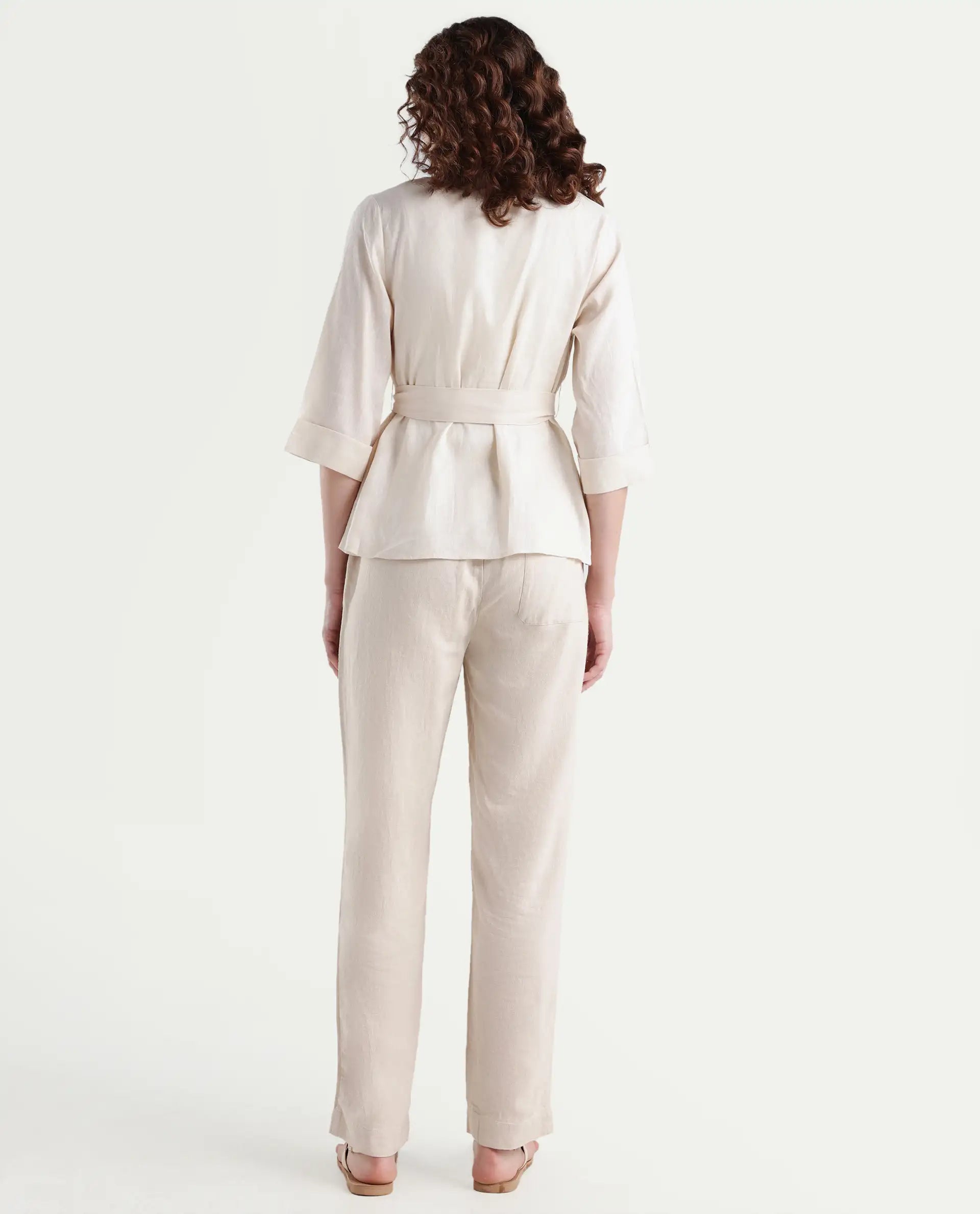 Rareism Women's Costa-B Light Beige Linen Plain Ankle Length Tapered Trouser