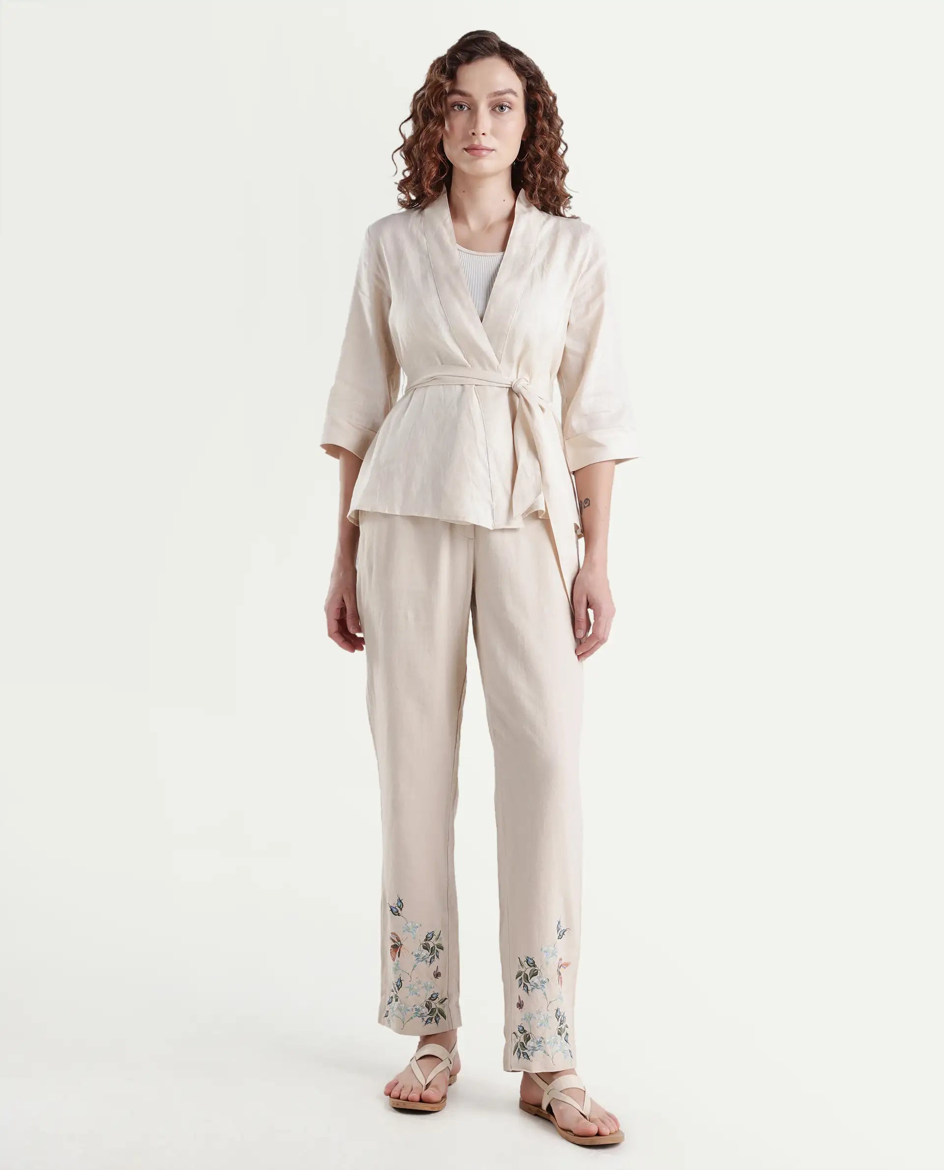 Rareism Women's Costa-B Light Beige Linen Plain Ankle Length Tapered Trouser