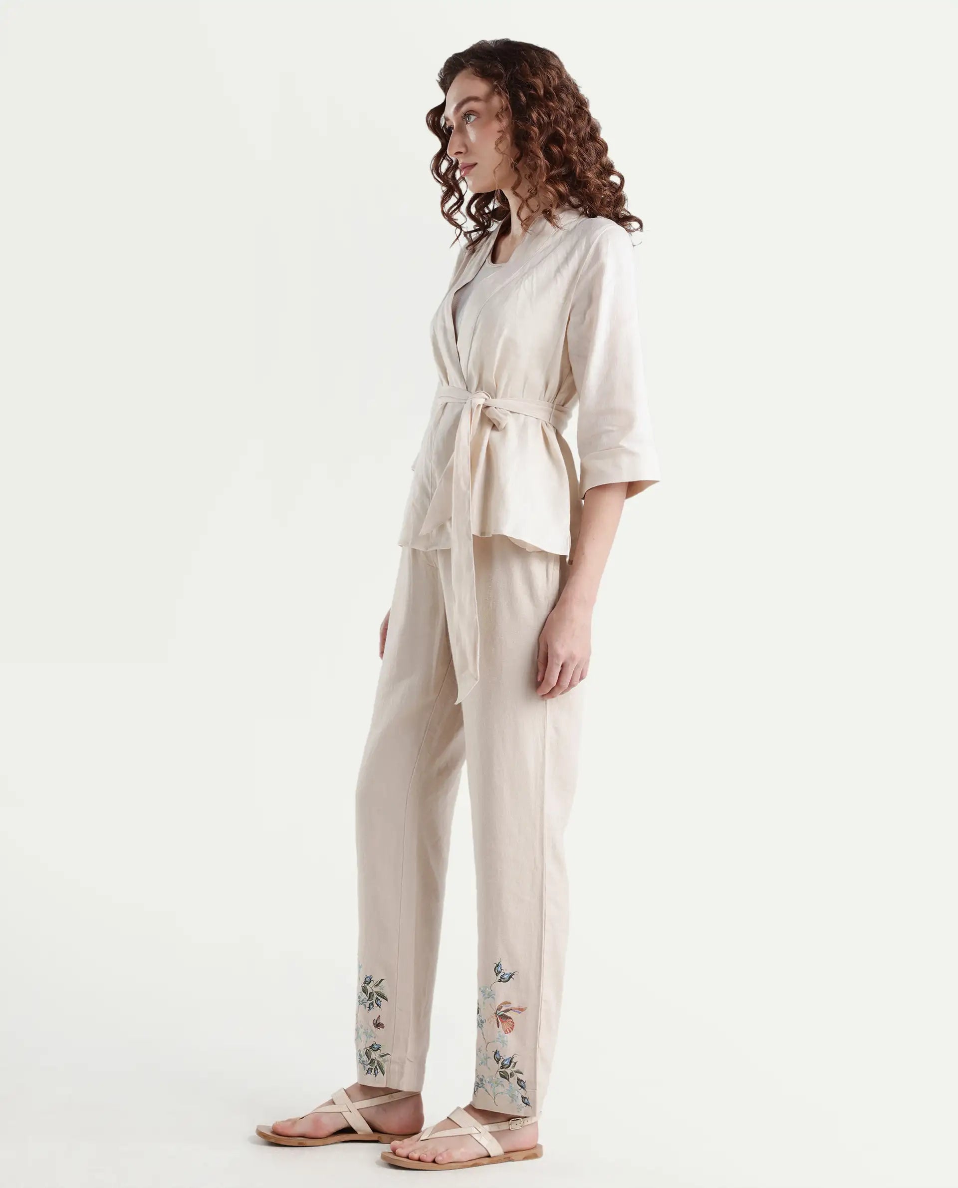 Rareism Women's Costa-B Light Beige Linen Plain Ankle Length Tapered Trouser