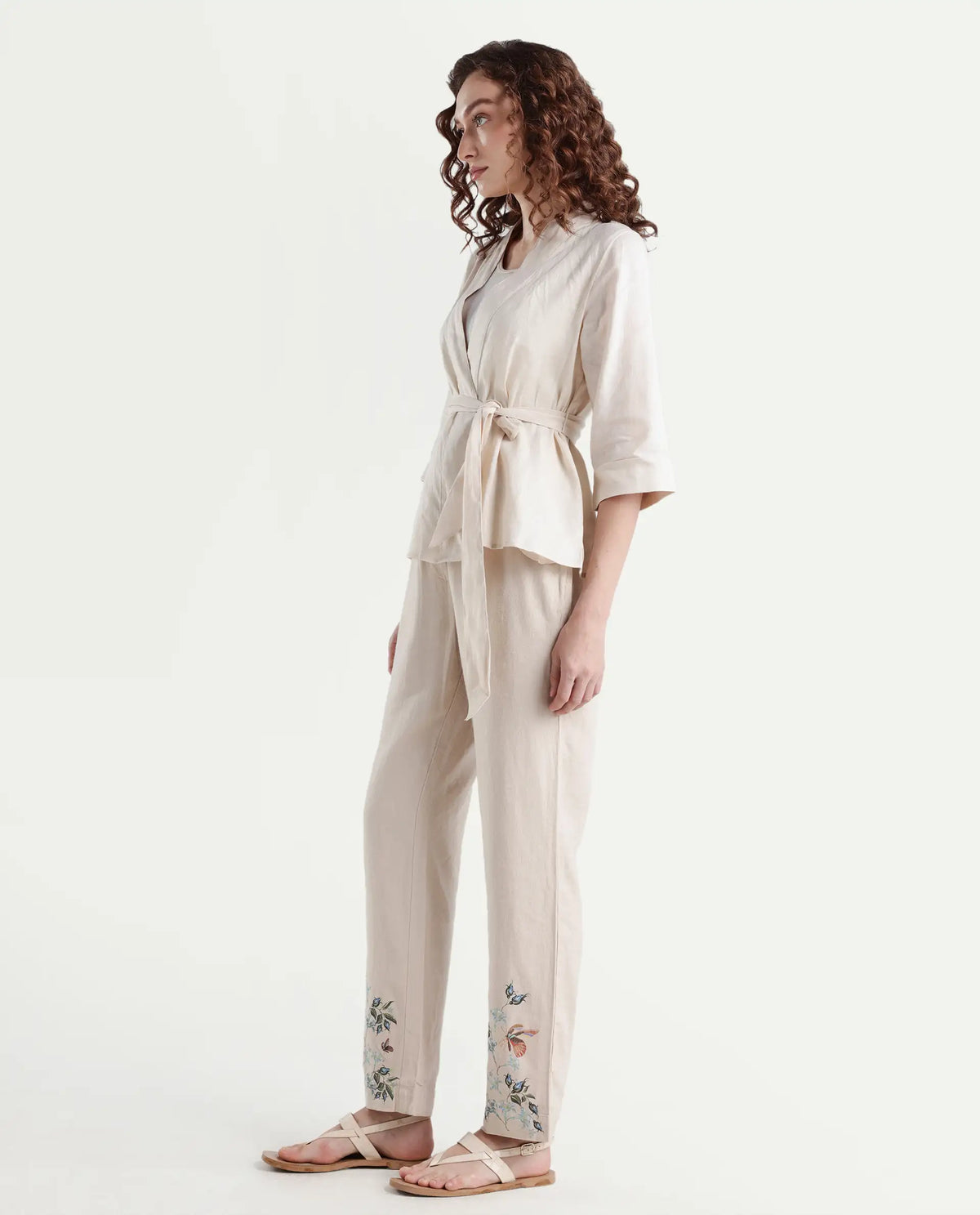 Rareism Women's Costa-B Light Beige Linen Plain Ankle Length Tapered Trouser