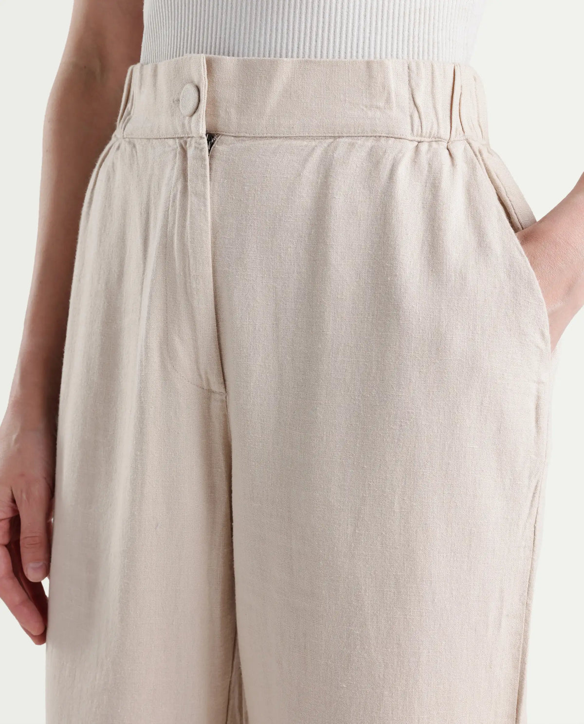 Rareism Women's Costa-B Light Beige Linen Plain Ankle Length Tapered Trouser