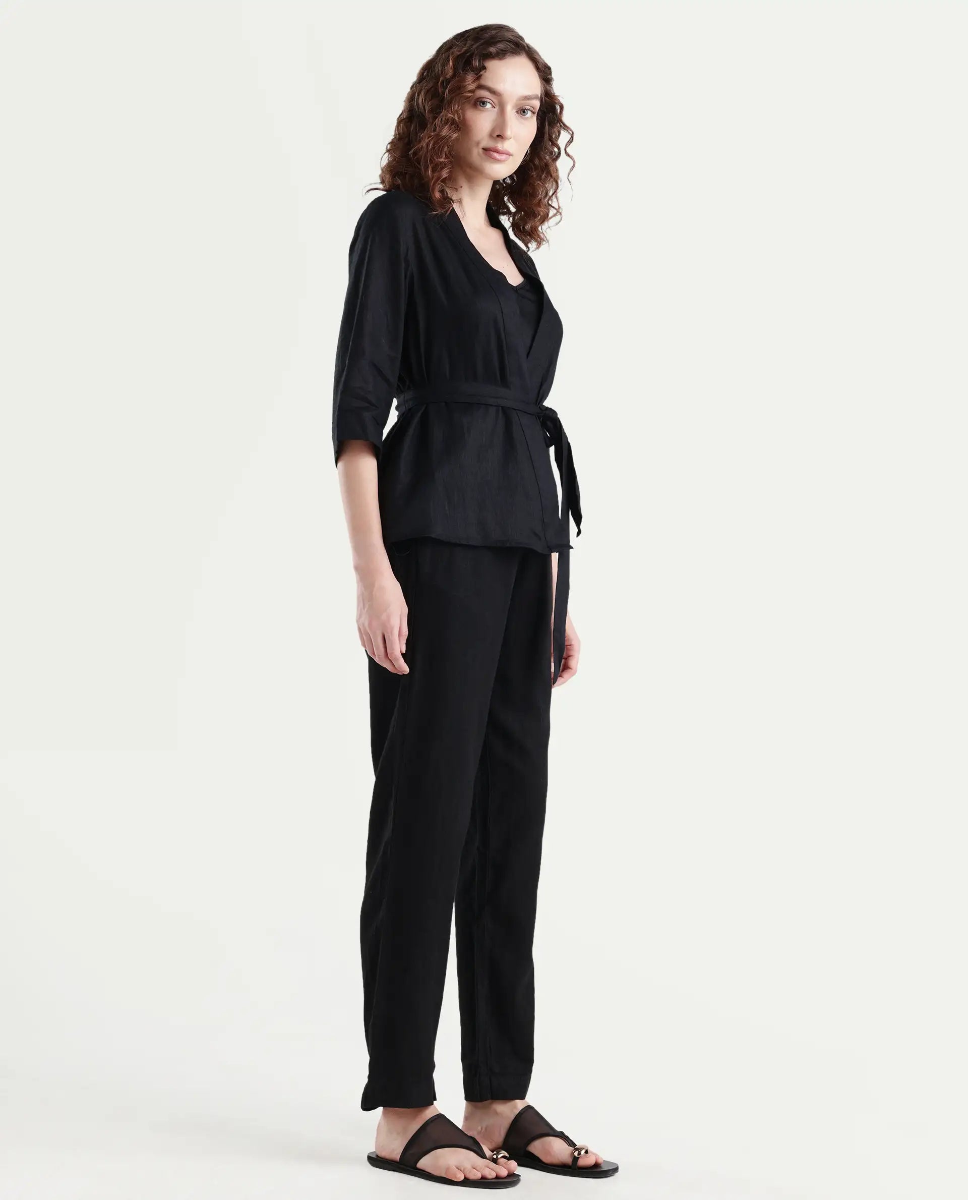 Rareism Women's Costa-B Black Linen Plain Ankle Length Tapered Trouser