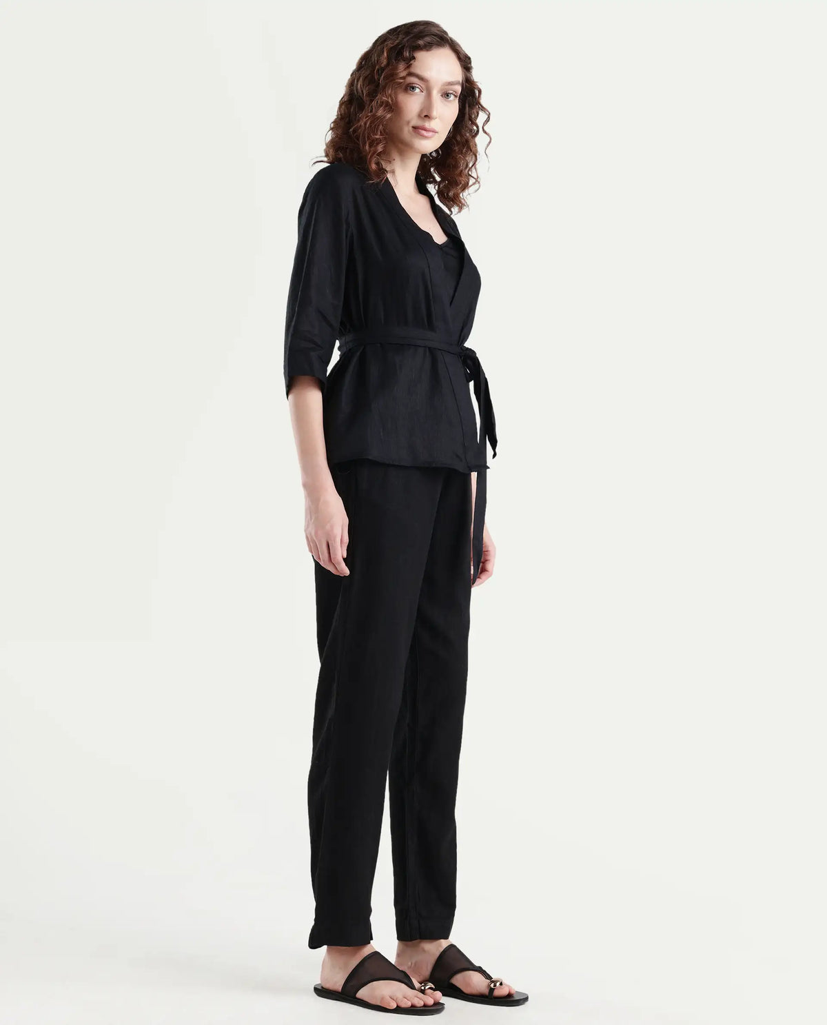 Rareism Women's Costa-B Black Linen Plain Ankle Length Tapered Trouser