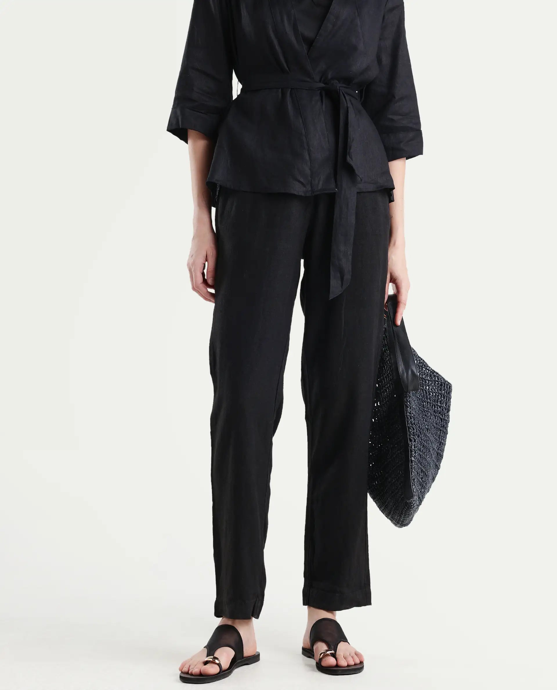 Rareism Women's Costa-B Black Linen Plain Ankle Length Tapered Trouser