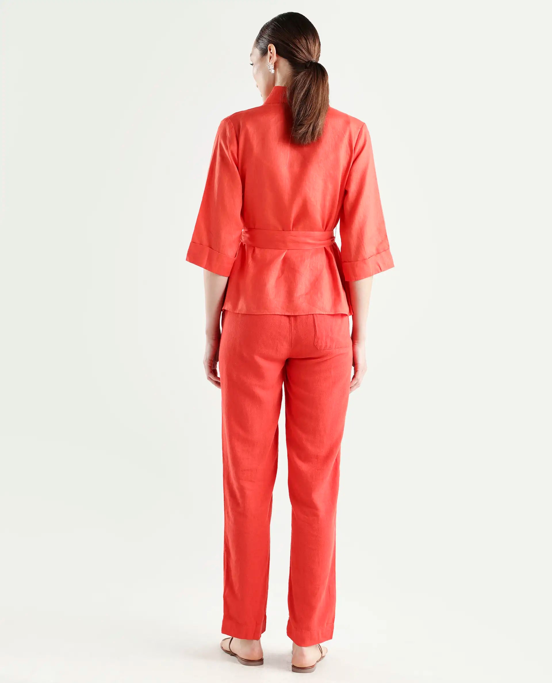 Rareism Women's Costa-B Pastel Rust Linen Plain Ankle Length Tapered Trouser