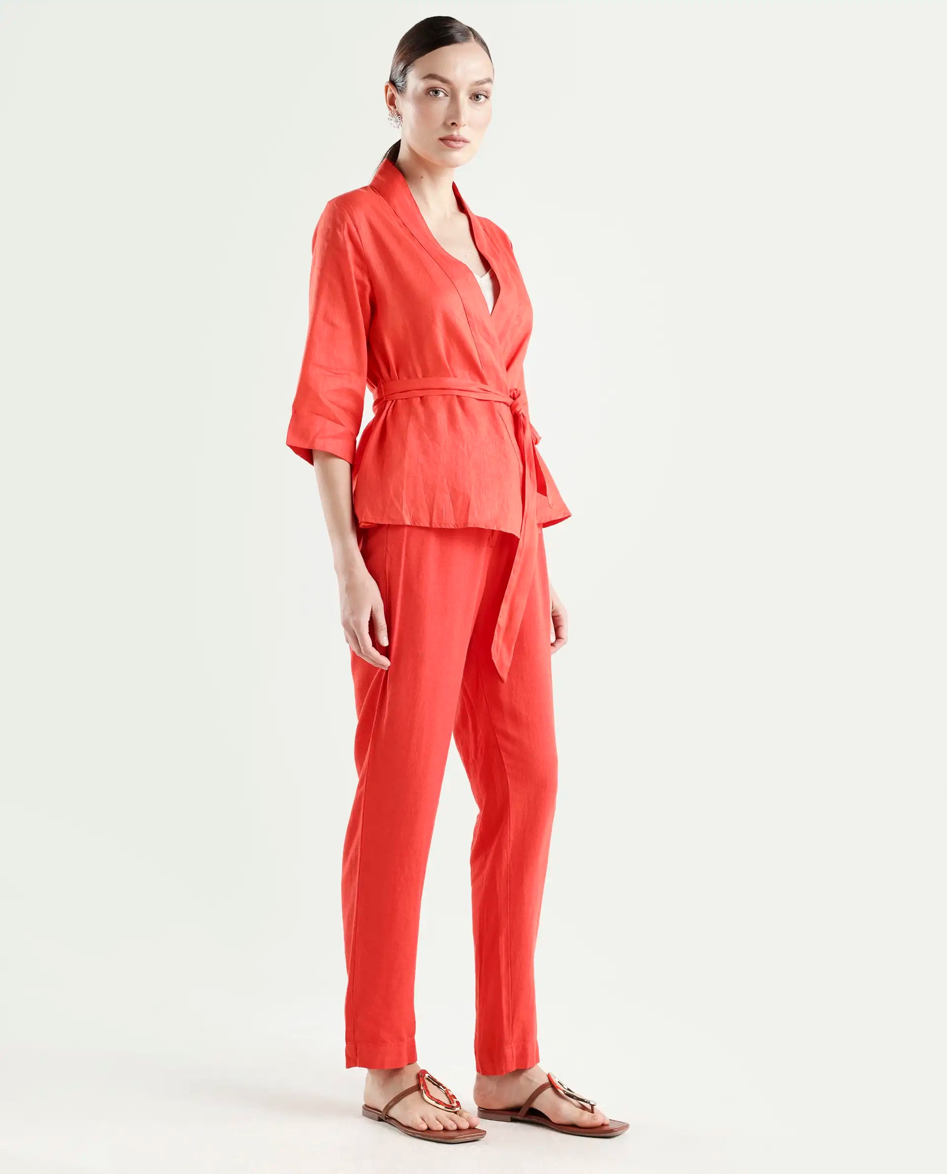 Rareism Women's Costa-B Pastel Rust Linen Plain Ankle Length Tapered Trouser