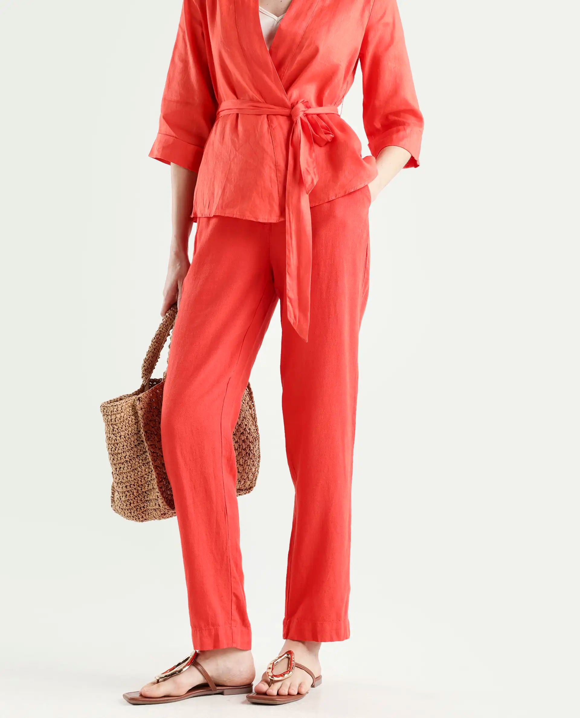 Rareism Women's Costa-B Pastel Rust Linen Plain Ankle Length Tapered Trouser