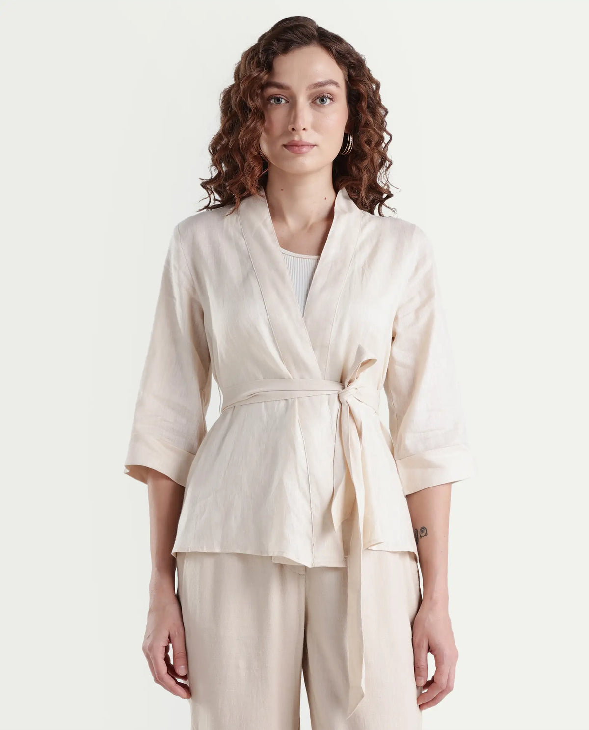 Rareism Women's Costa-T Light Beige Linen Blend Overlap Neck Plain Regular Fit Top