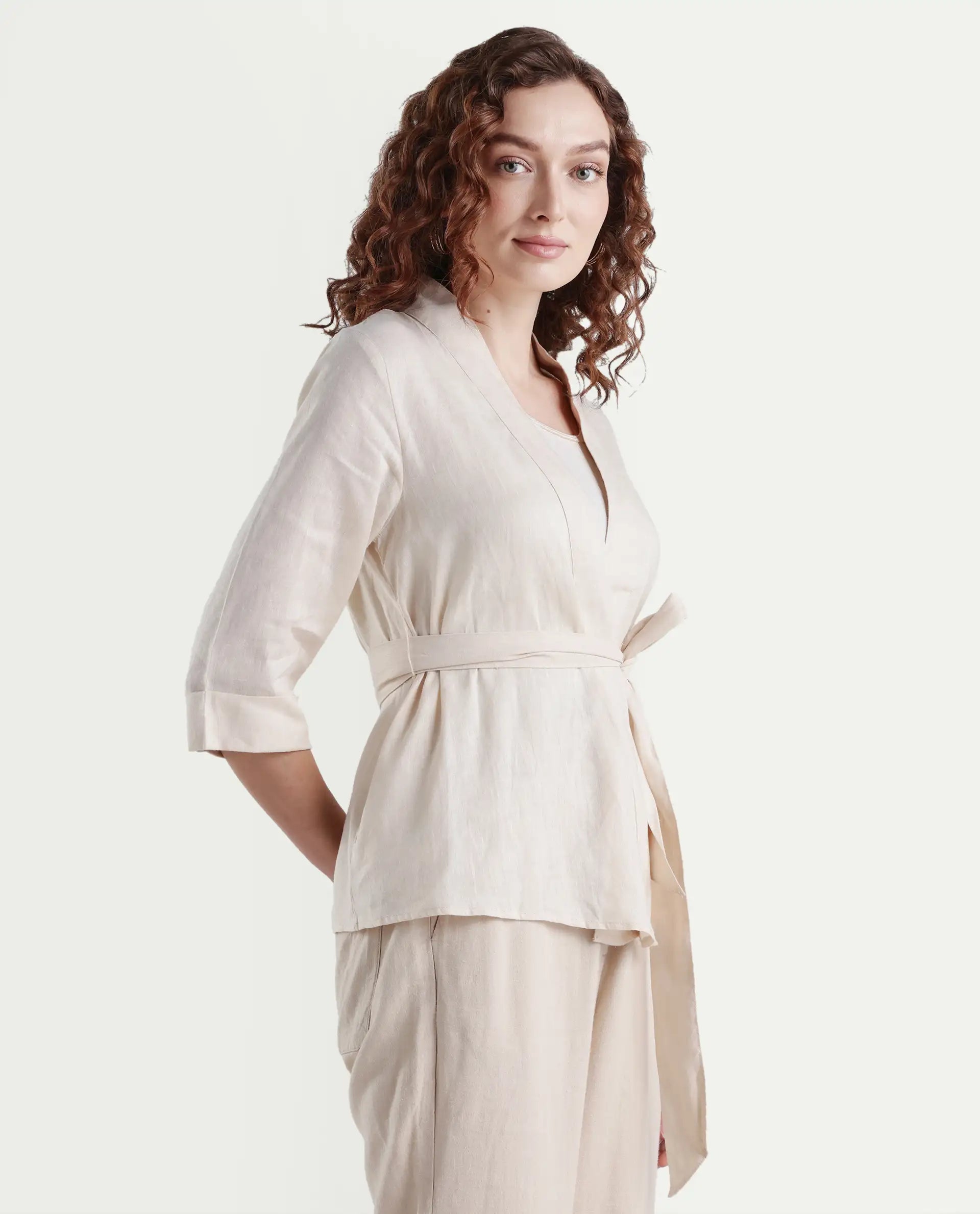 Rareism Women's Costa-T Light Beige Linen Blend Overlap Neck Plain Regular Fit Top