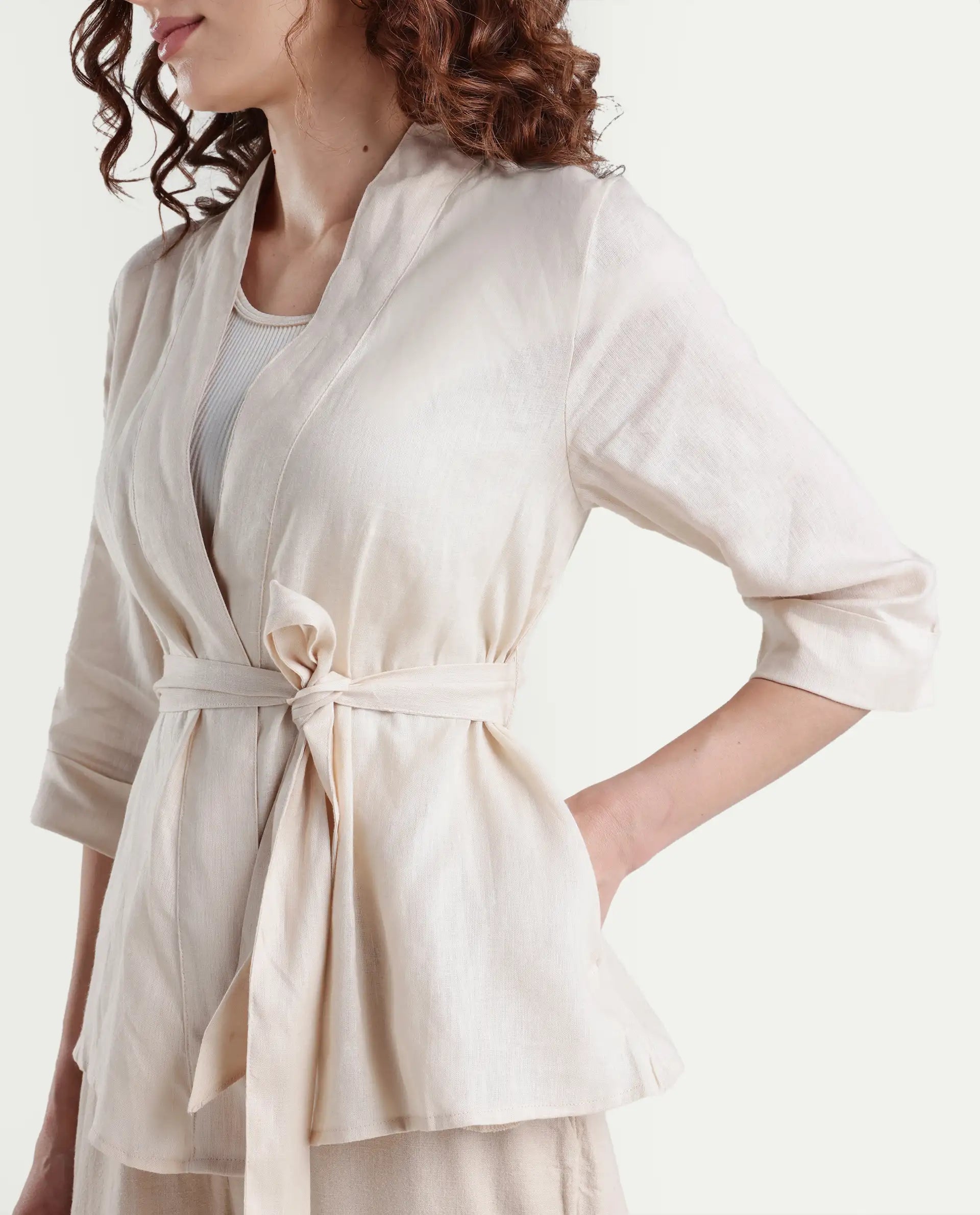 Rareism Women's Costa-T Light Beige Linen Blend Overlap Neck Plain Regular Fit Top