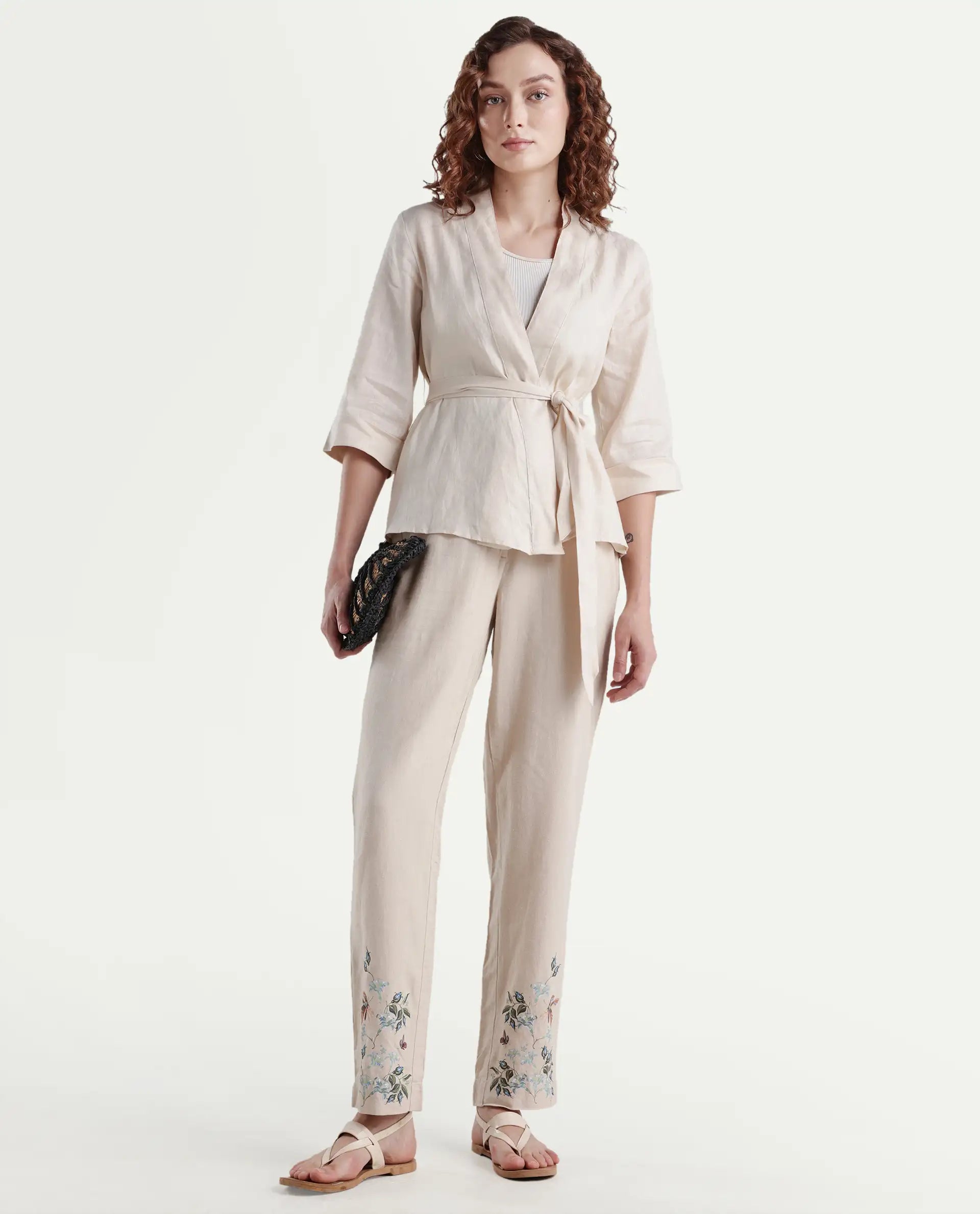Rareism Women's Costa-T Light Beige Linen Blend Overlap Neck Plain Regular Fit Top