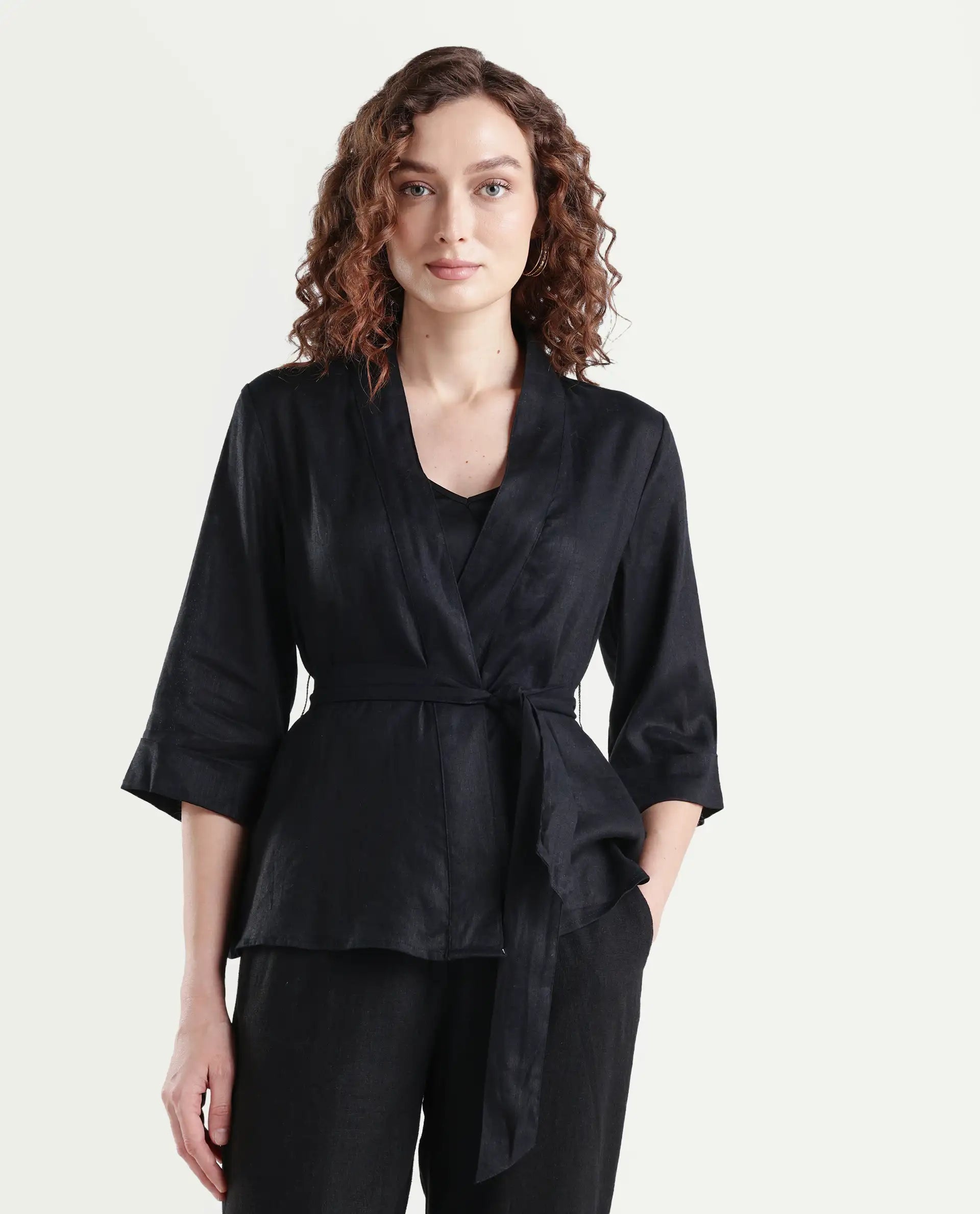 Rareism Women's Costa-T Black Linen Blend Overlap Neck Plain Regular Fit Top