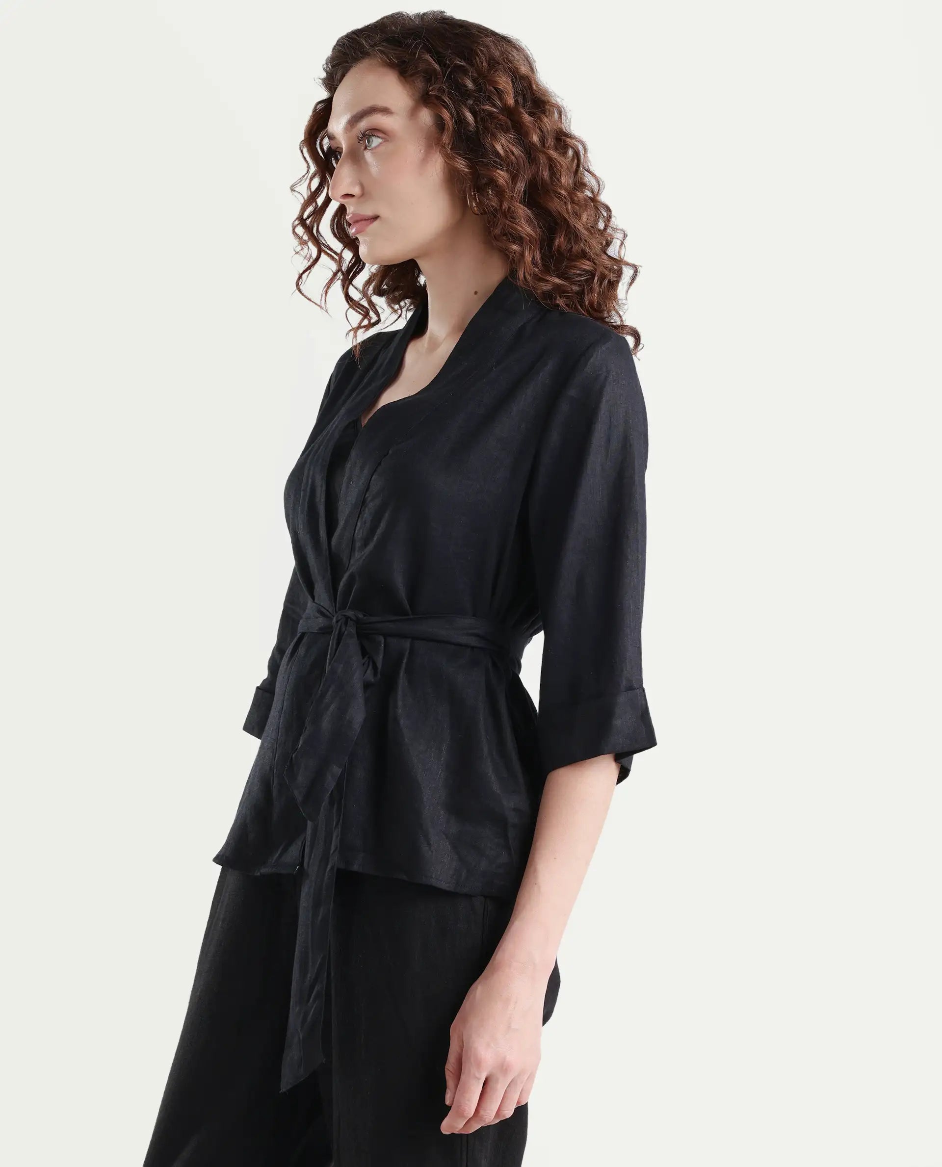 Rareism Women's Costa-T Black Linen Blend Overlap Neck Plain Regular Fit Top