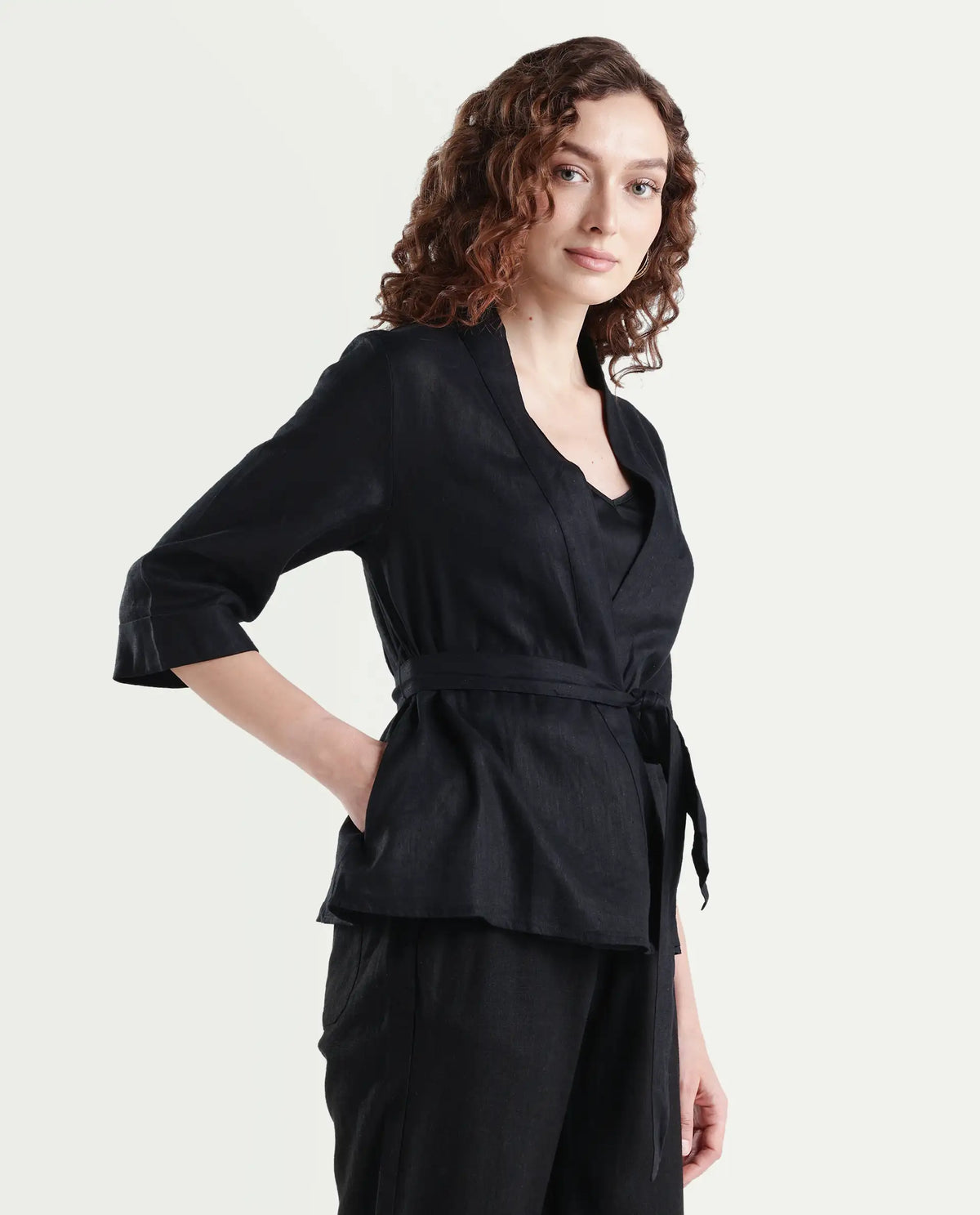 Rareism Women's Costa-T Black Linen Blend Overlap Neck Plain Regular Fit Top