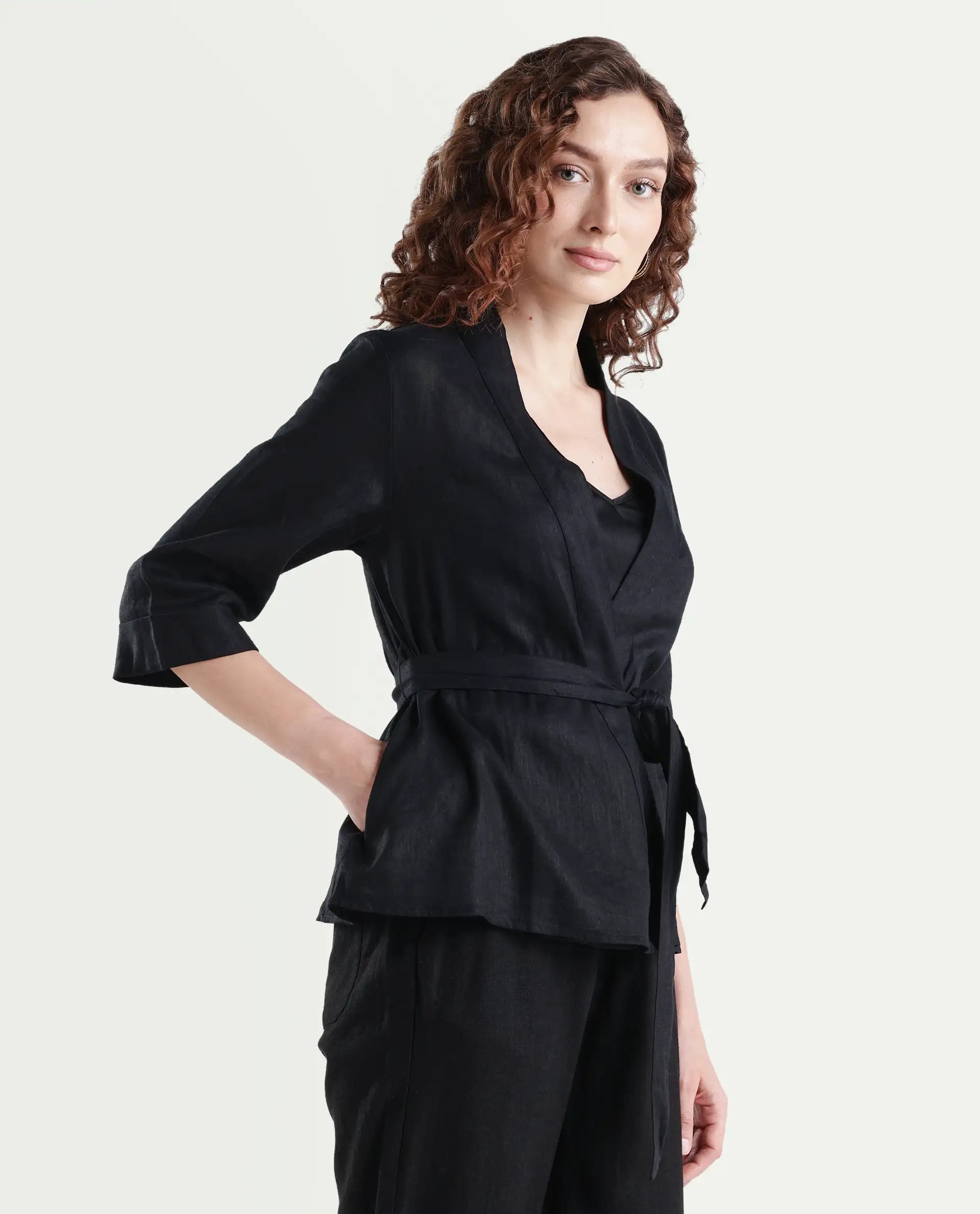 Rareism Women's Costa-T Black Linen Blend Overlap Neck Plain Regular Fit Top