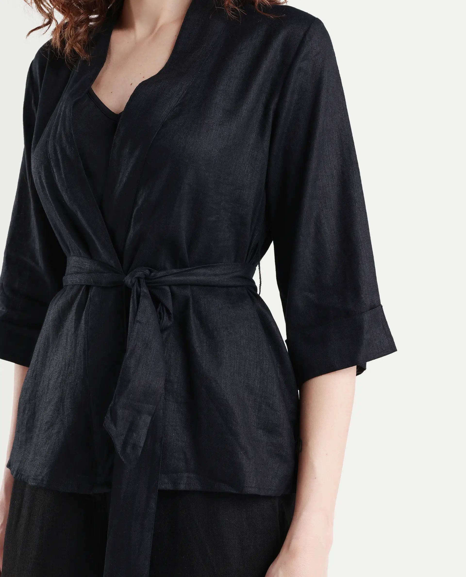 Rareism Women's Costa-T Black Linen Blend Overlap Neck Plain Regular Fit Top