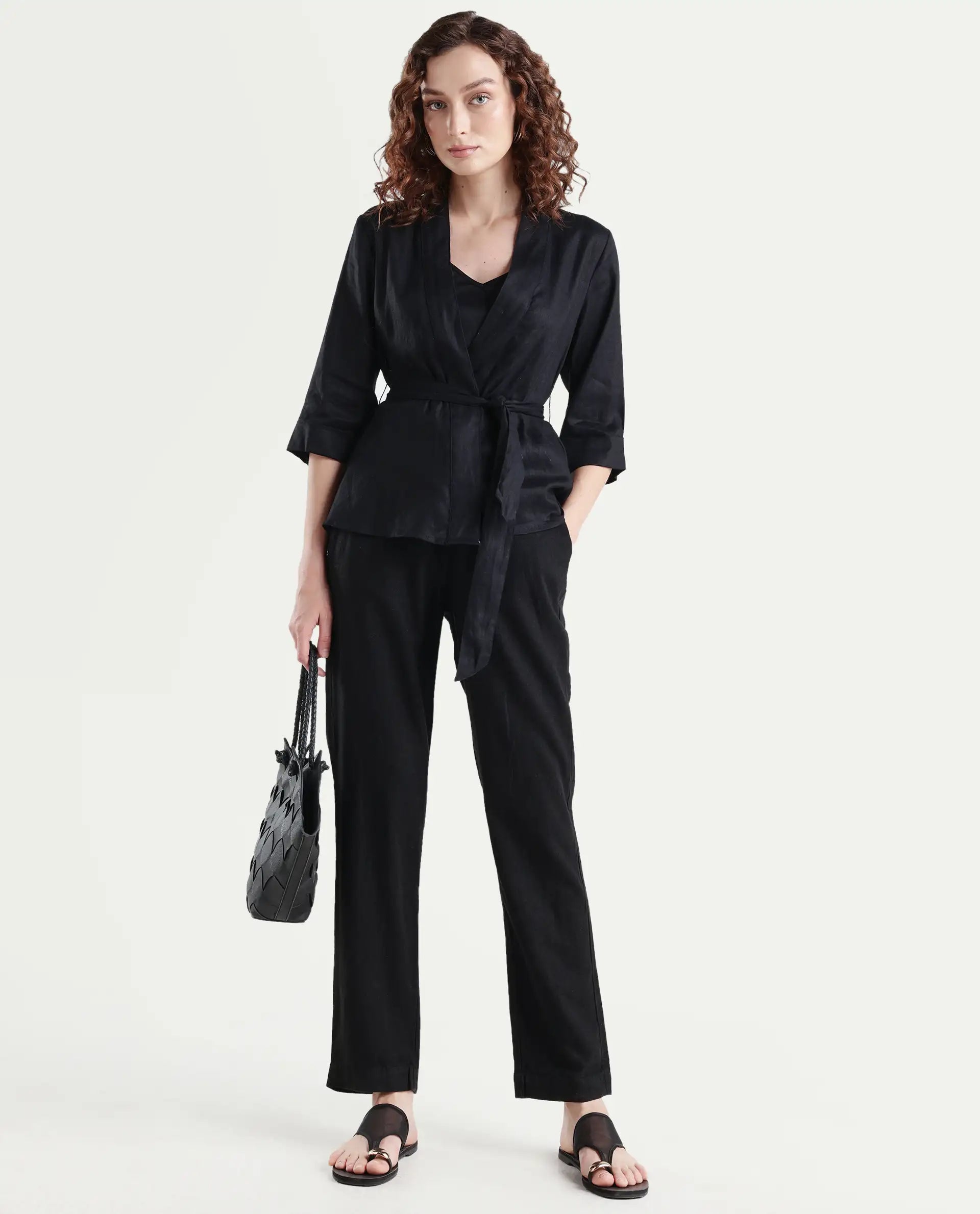 Rareism Women's Costa-T Black Linen Blend Overlap Neck Plain Regular Fit Top