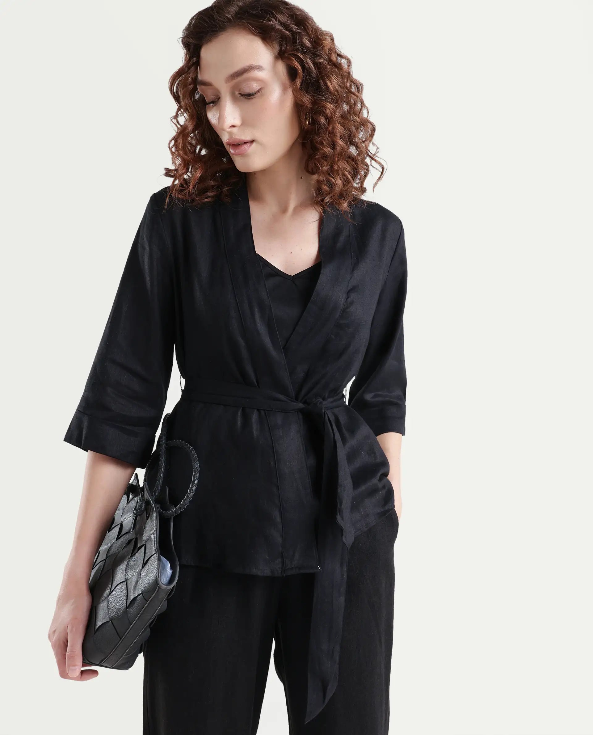 Rareism Women's Costa-T Black Linen Blend Overlap Neck Plain Regular Fit Top