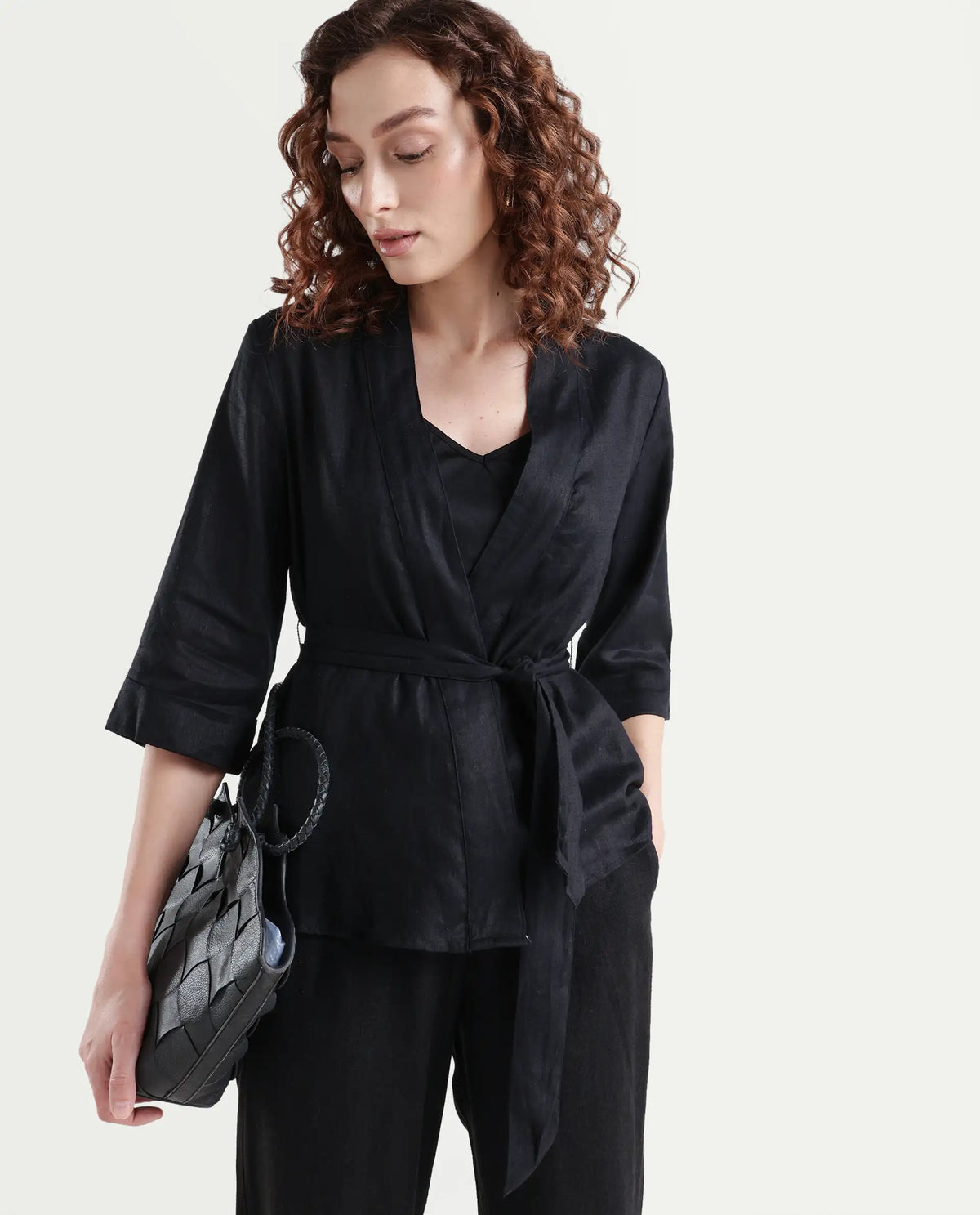 Rareism Women's Costa-T Black Linen Blend Overlap Neck Plain Regular Fit Top