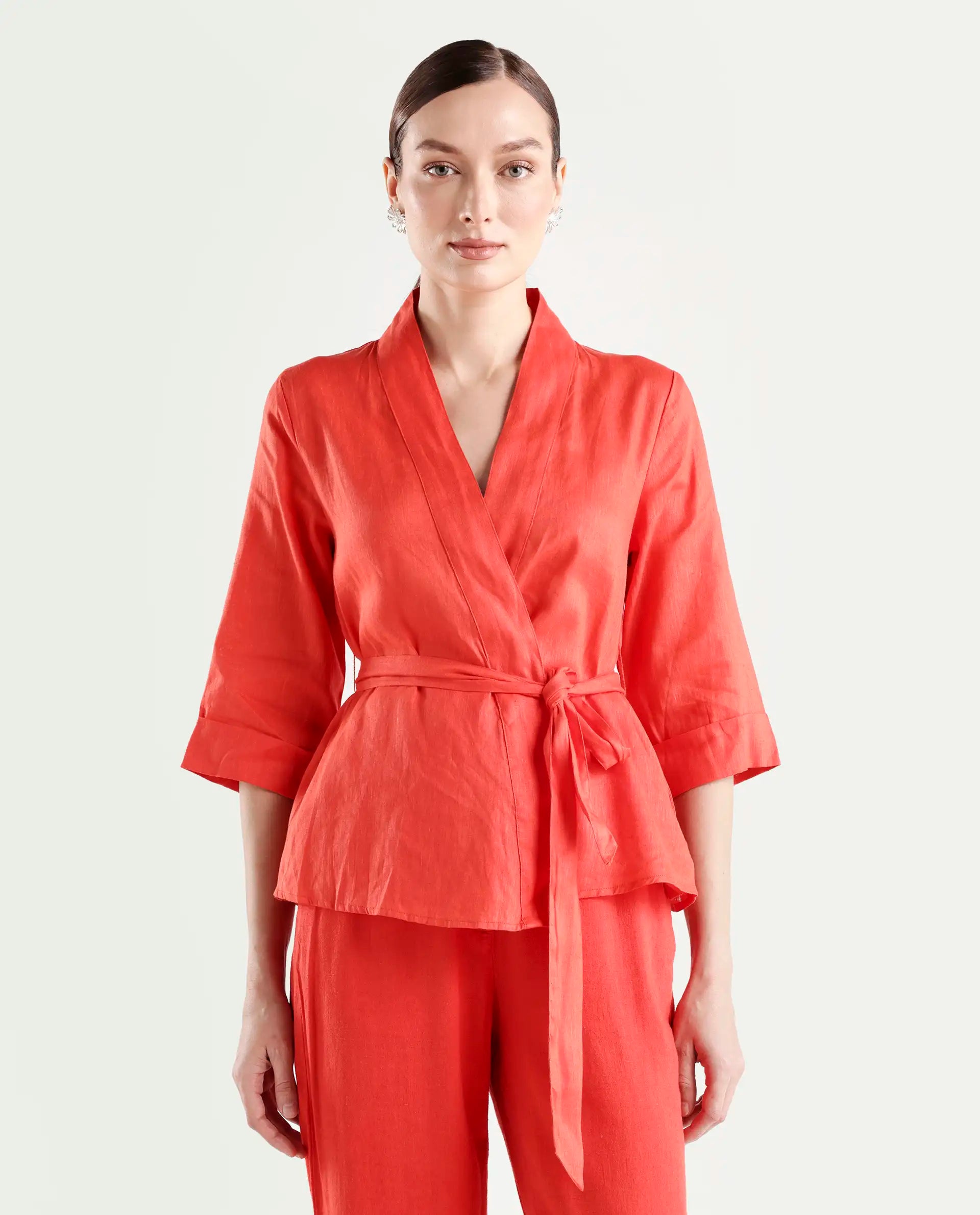 Rareism Women's Costa-T Pastel Rust Cotton Blend Overlap Neck Plain Regular Fit Top