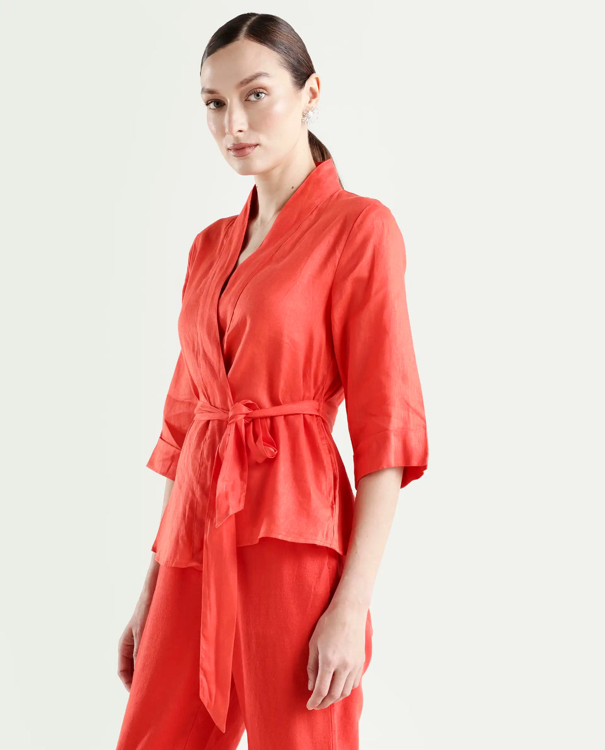 Rareism Women's Costa-T Pastel Rust Linen Blend Overlap Neck Plain Regular Fit Top