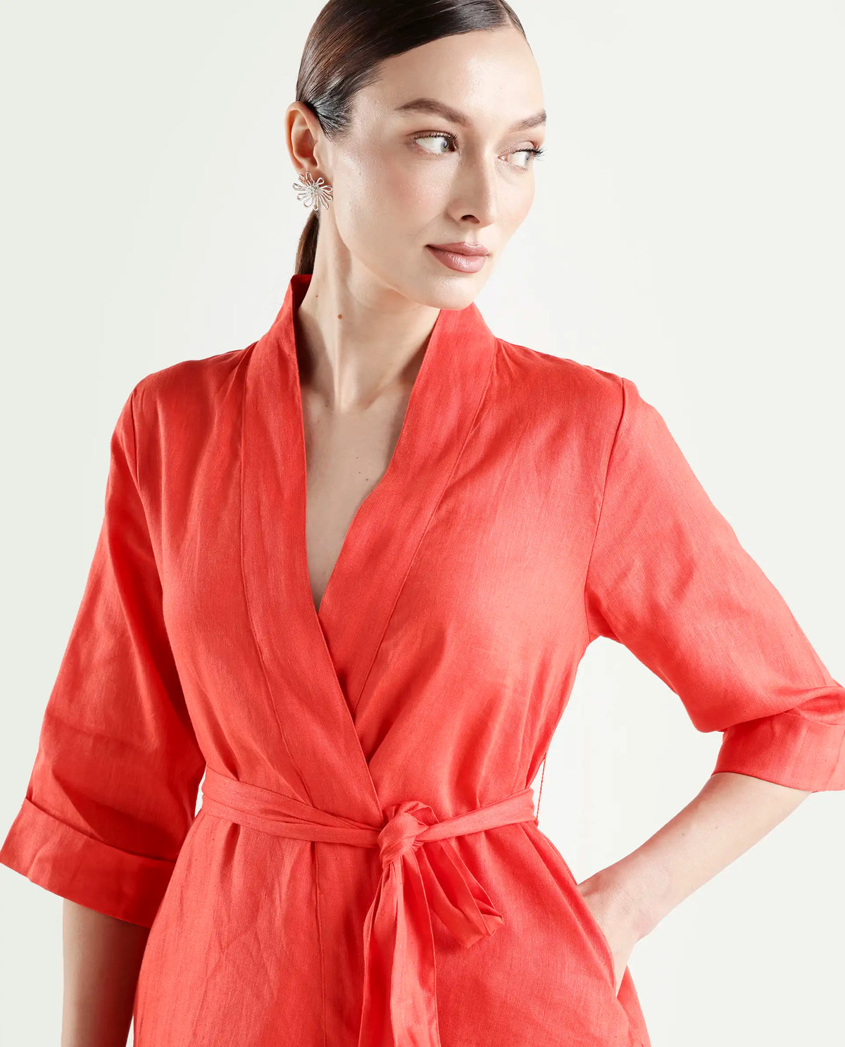 Rareism Women's Costa-T Pastel Rust Linen Blend Overlap Neck Plain Regular Fit Top