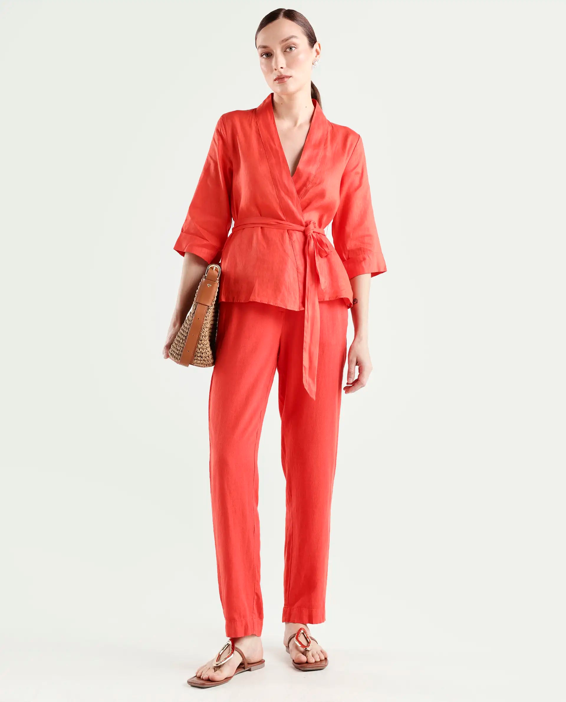 Rareism Women's Costa-T Pastel Rust Cotton Blend Overlap Neck Plain Regular Fit Top