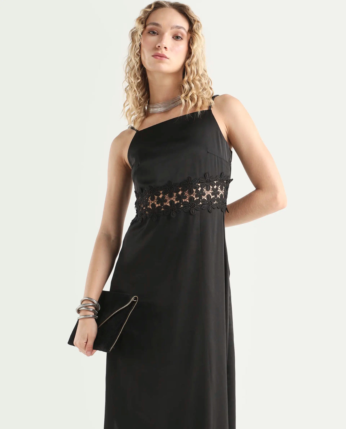 Rareism Women's Galcia Black Polyester Shoulder Strap Plain Shoulder Strap Maxi A-Line Dress