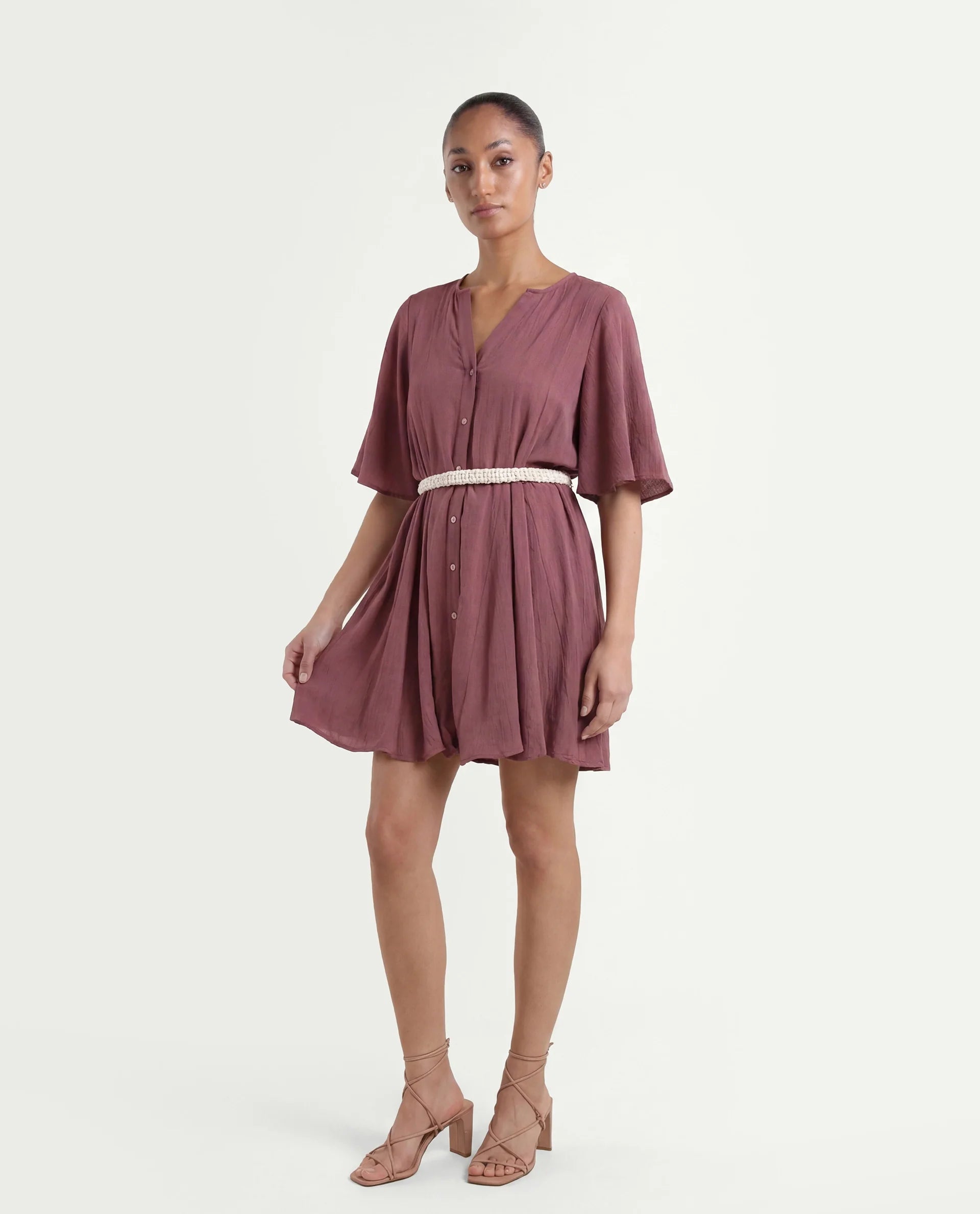 Rareism Women's Gildmore Maroon Rayon V-Neck Plain Flared Sleeve Mini Flared Dress