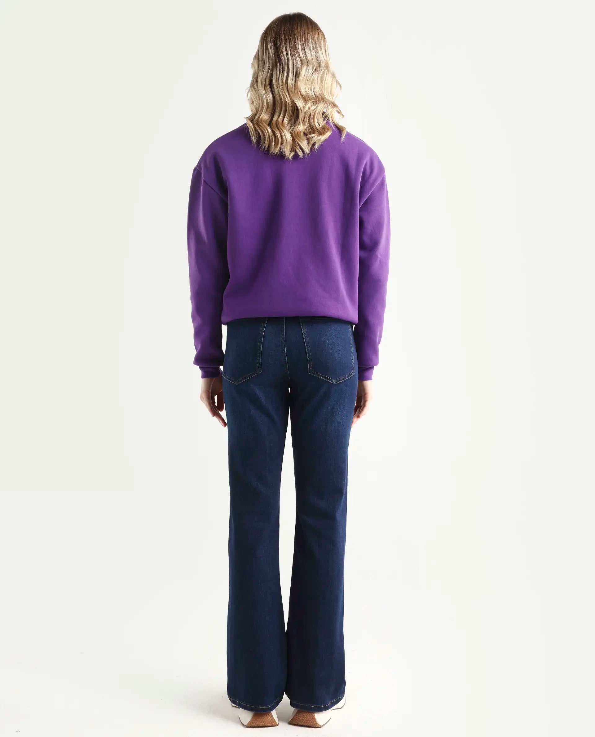 Rareism Women's Hadley Dark Blue Cotton Blend Plain Ankle Length Iconic Bootcut Jeans