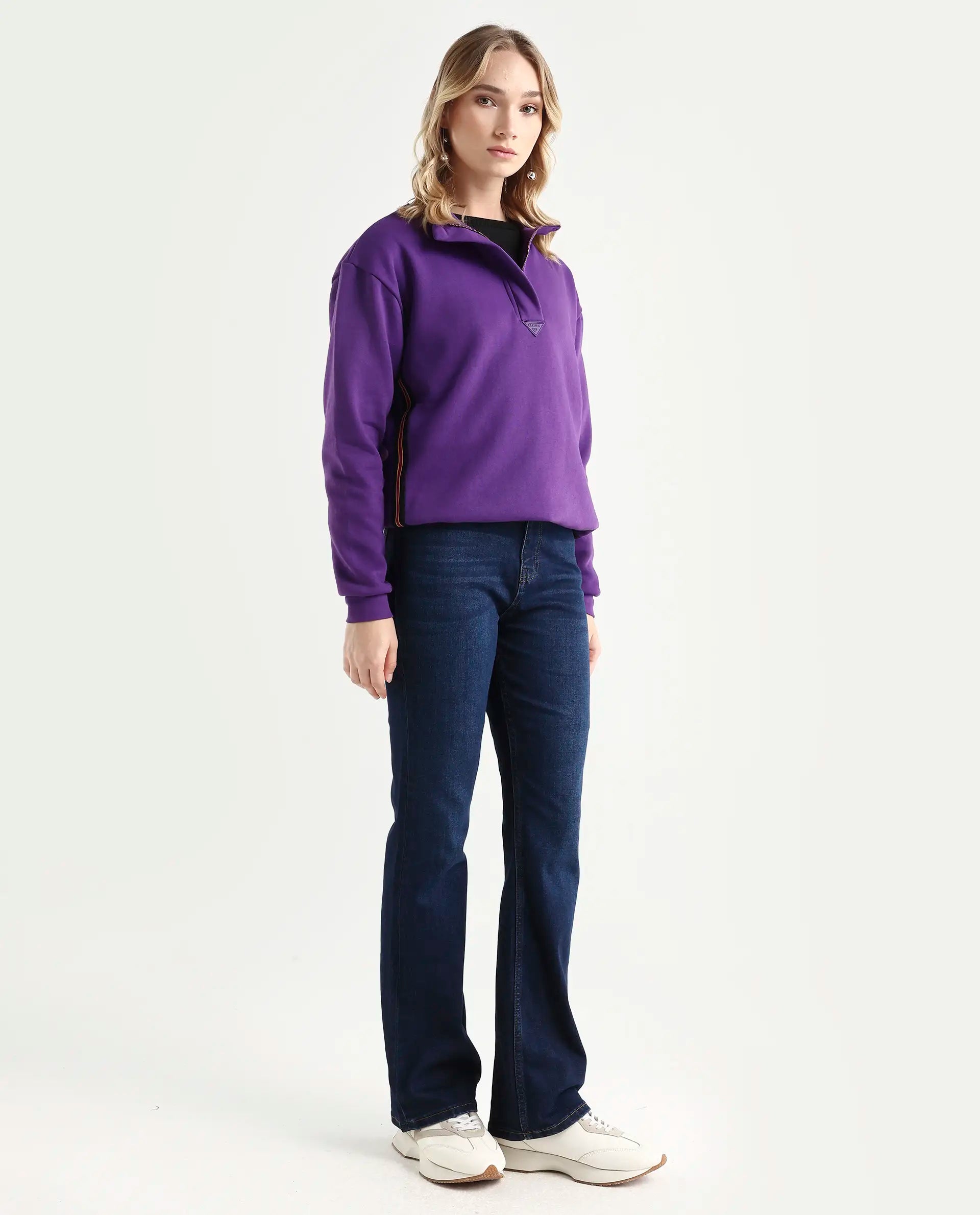 Rareism Women's Hadley Dark Blue Cotton Blend Plain Ankle Length Iconic Bootcut Jeans