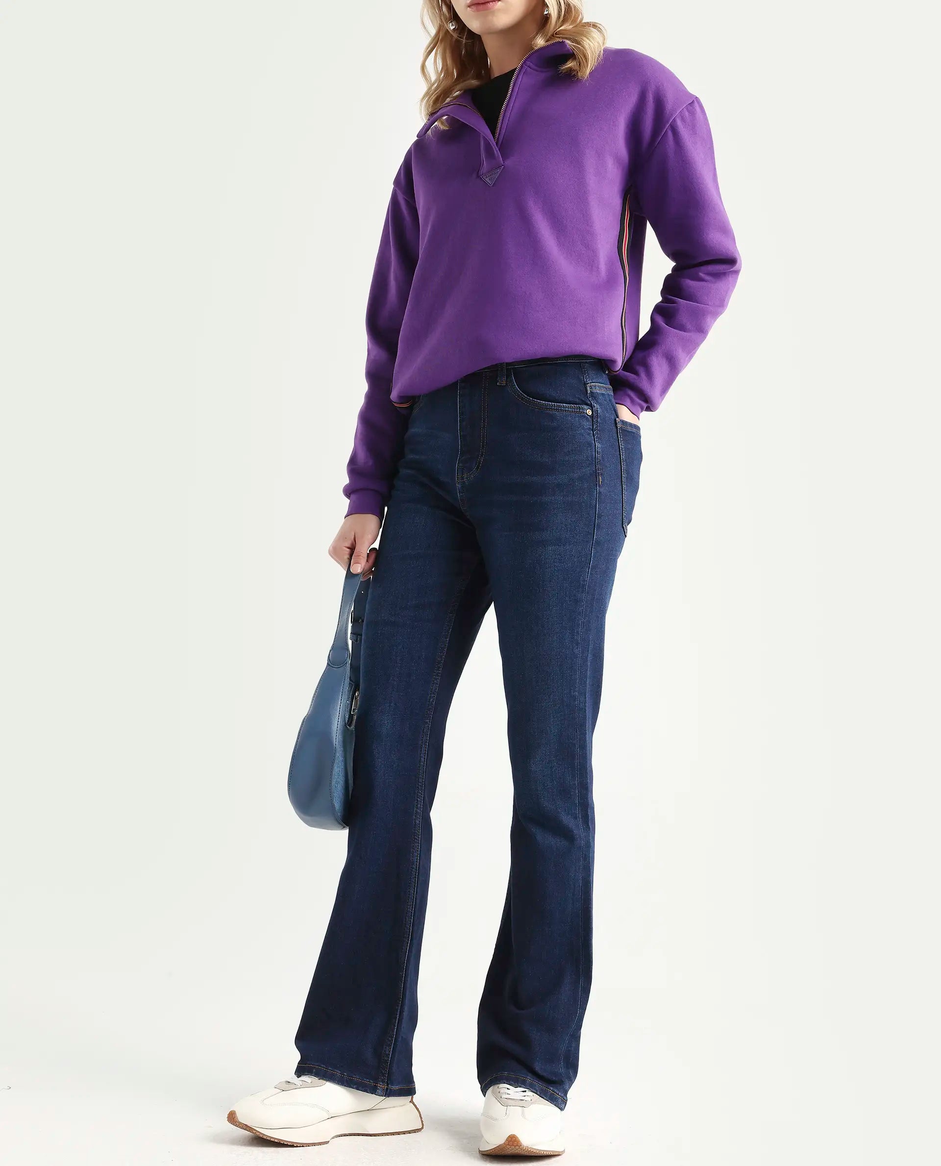 Rareism Women's Hadley Dark Blue Cotton Blend Plain Ankle Length Iconic Bootcut Jeans