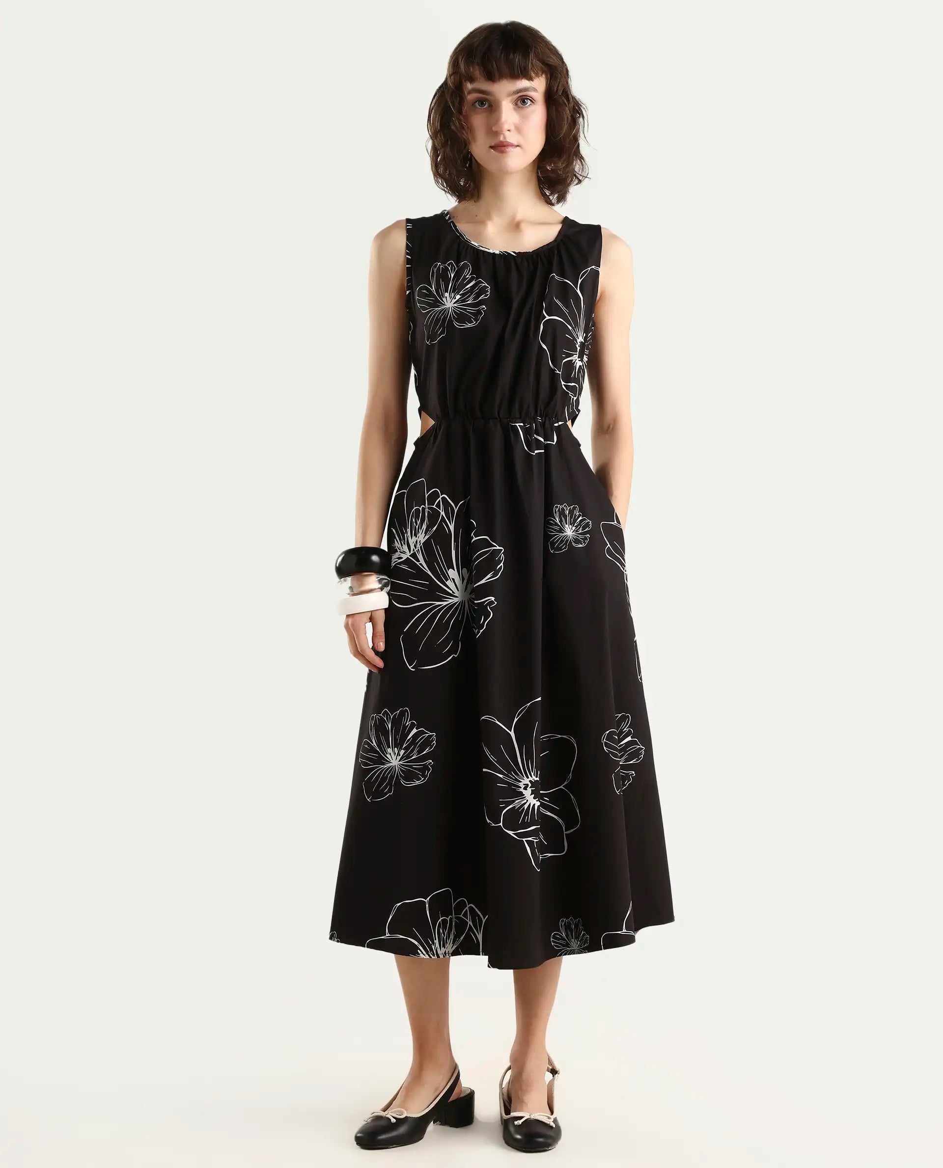 Rareism Women's Layla Brown Cotton Blend Crew Neck Floral Print Sleeveless Midi Fit And Flare Dress