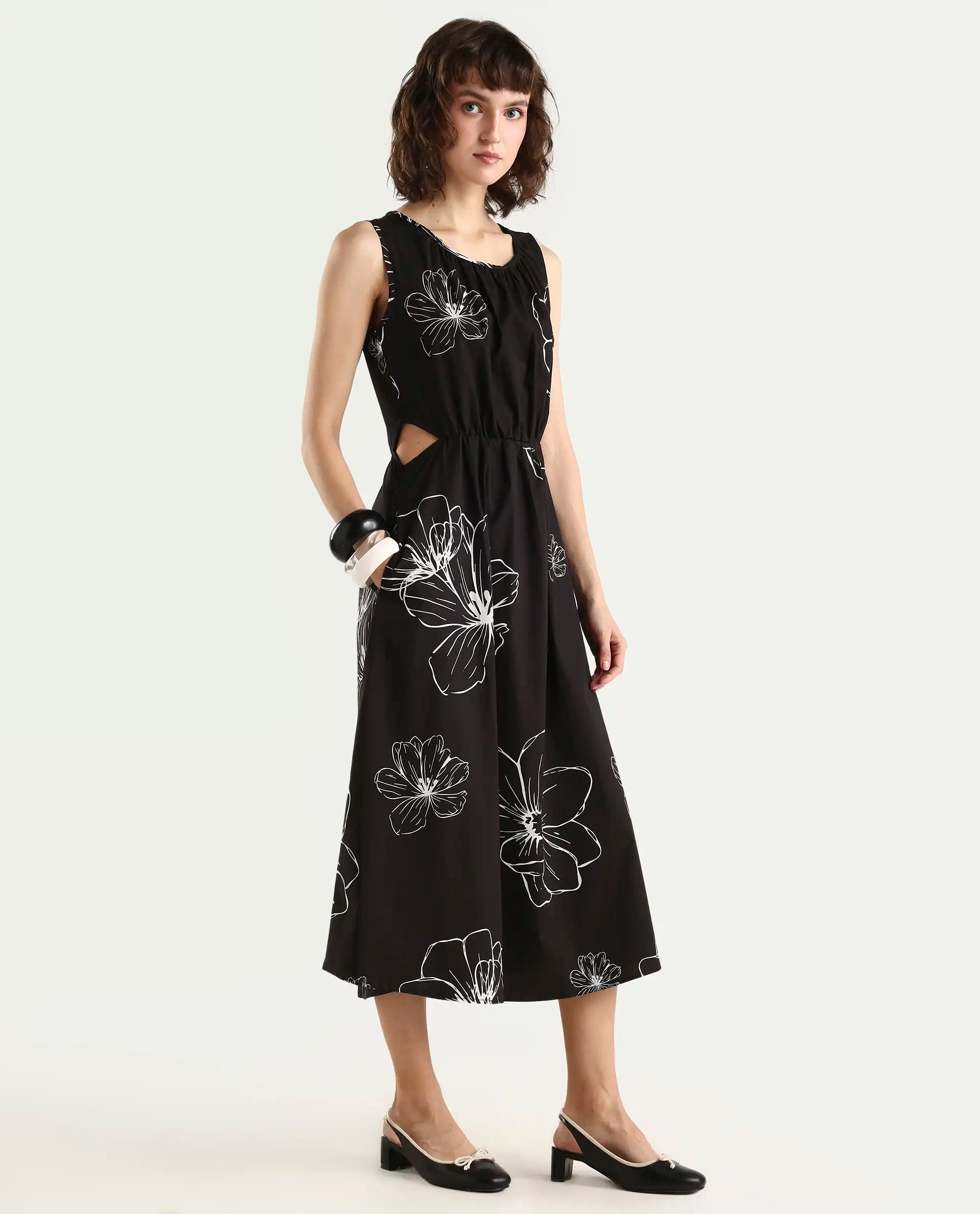 Rareism Women's Layla Brown Cotton Blend Crew Neck Floral Print Sleeveless Midi Fit And Flare Dress