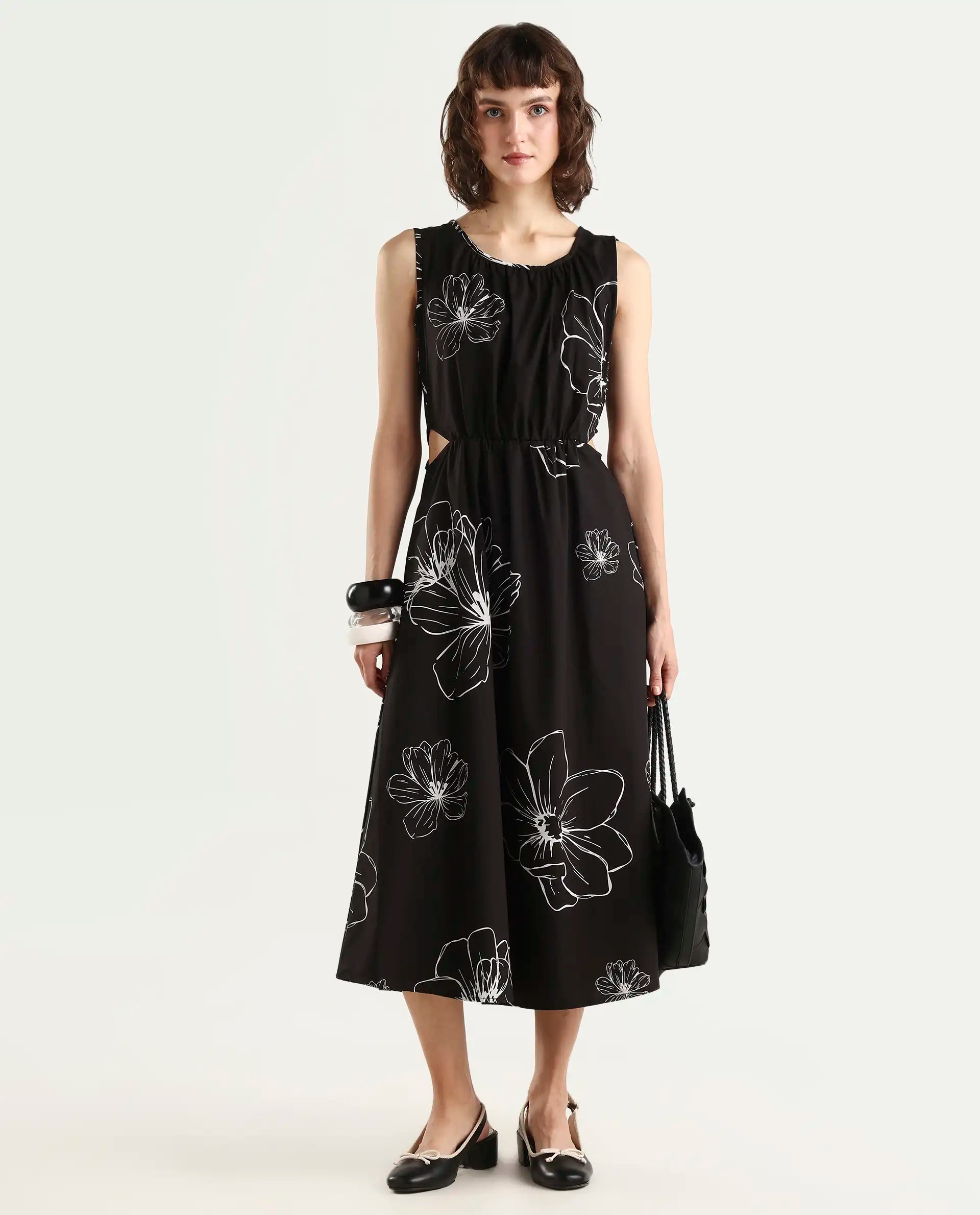 Rareism Women's Layla Brown Cotton Blend Crew Neck Floral Print Sleeveless Midi Fit And Flare Dress